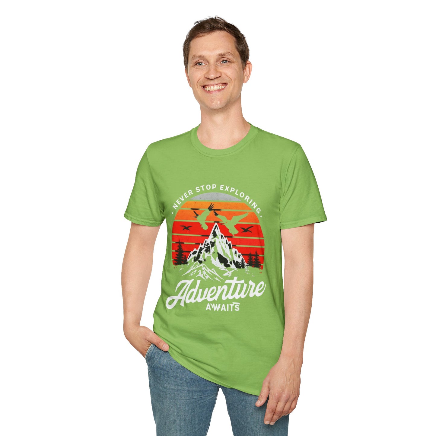 Adventure Awaits T-Shirt | Unisex Softstyle Tee | Perfect for Travel Lovers, Outdoor Adventures, Camping, Nature Gifts, Explore