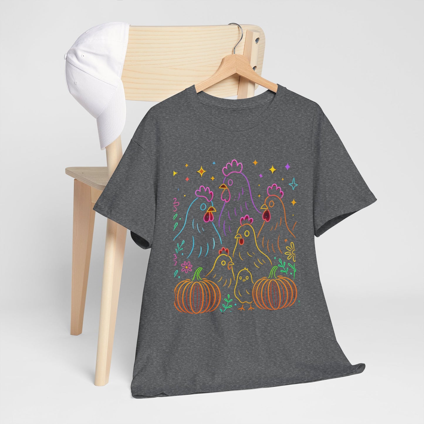 🌻 Autumn Chickens & Pumpkins Tee – Colorful Farm Harvest Shirt