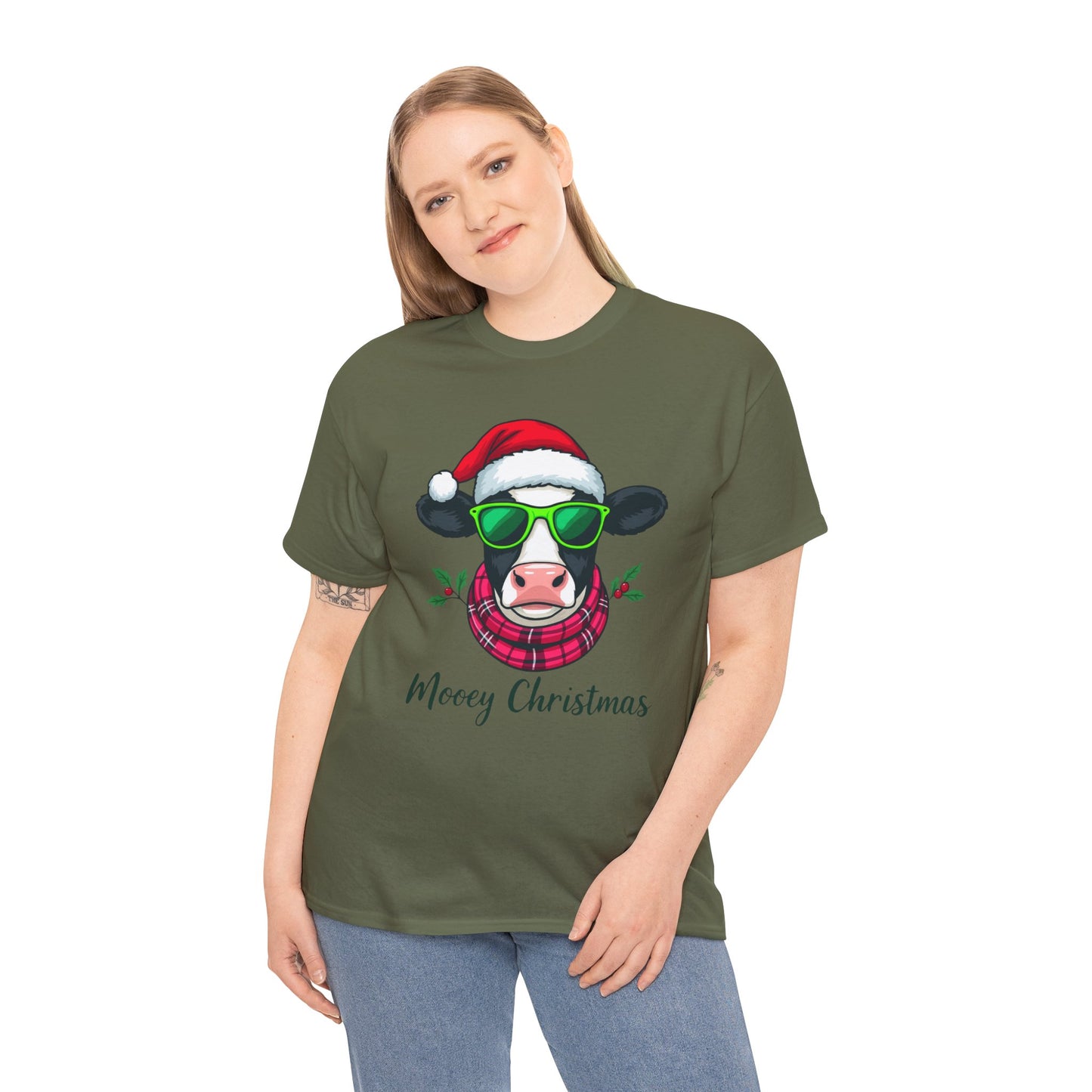 Moovey Christmas Cow Tee - Pink Plaid Scarf & Sunglasses
