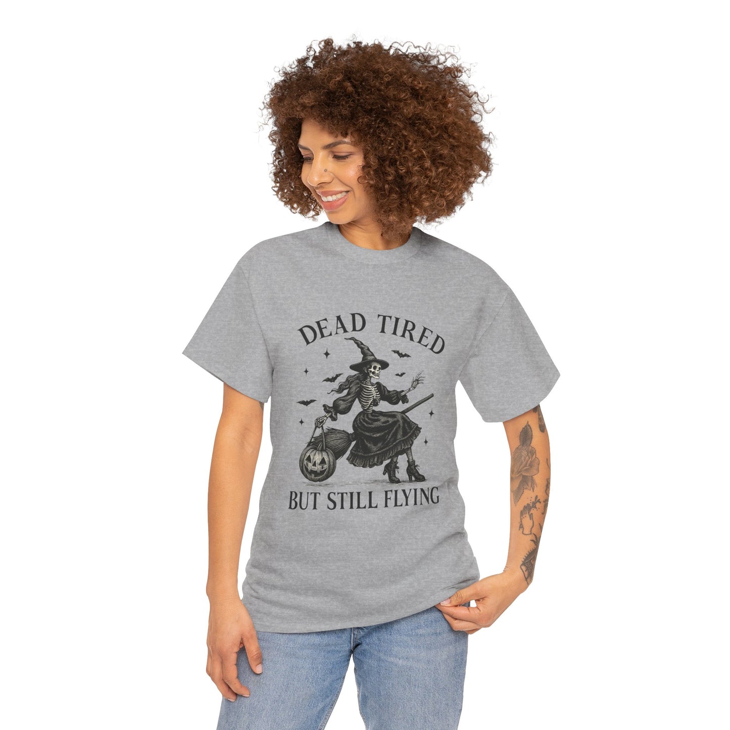 Dead Tired But Flying Skeleton Witch Halloween Tee