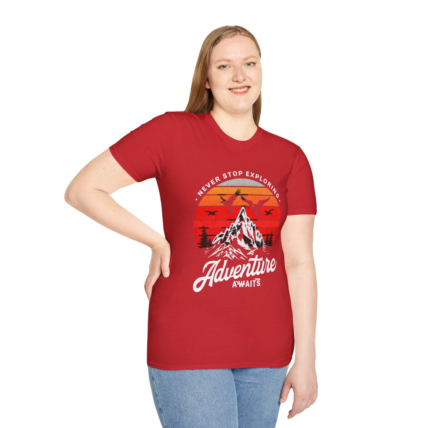 Adventure Awaits T-Shirt | Unisex Softstyle Tee | Perfect for Travel Lovers, Outdoor Adventures, Camping, Nature Gifts, Explore