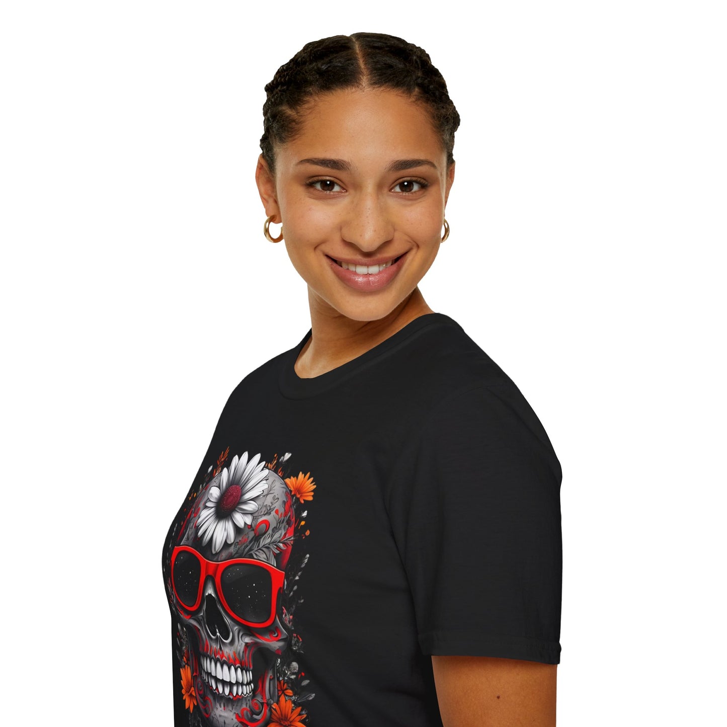 Skull & Flower Graphic T-Shirt, Unisex Casual Tee, Edgy Fashion Wear, Festival Outfit, Gift for Halloween & Day of the Dead