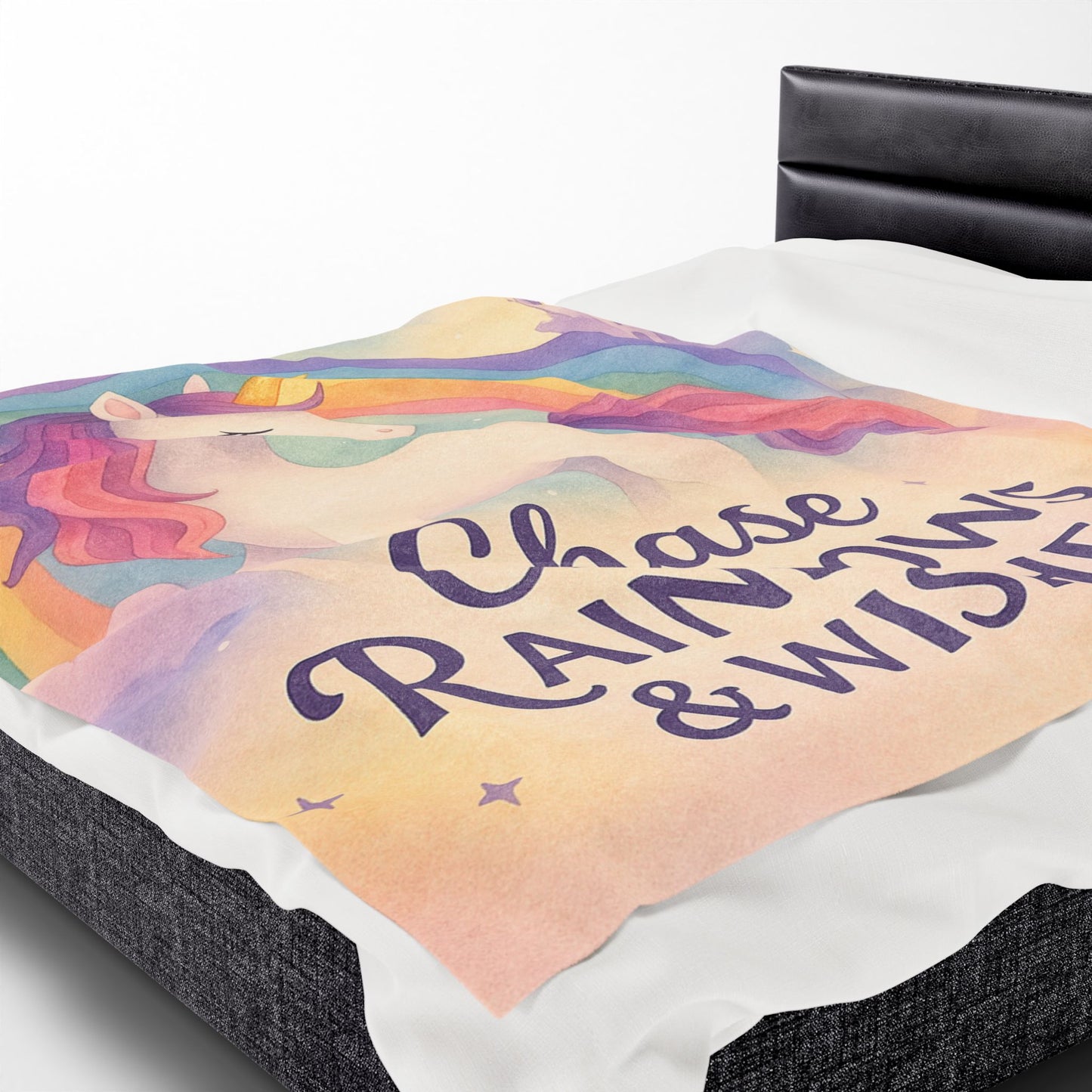 Unicorn Rainbow Plush Blanket, Cozy Kids Blanket, Soft Velveteen Throw, Magical Nursery Decor, Chase Rainbows & Wishes