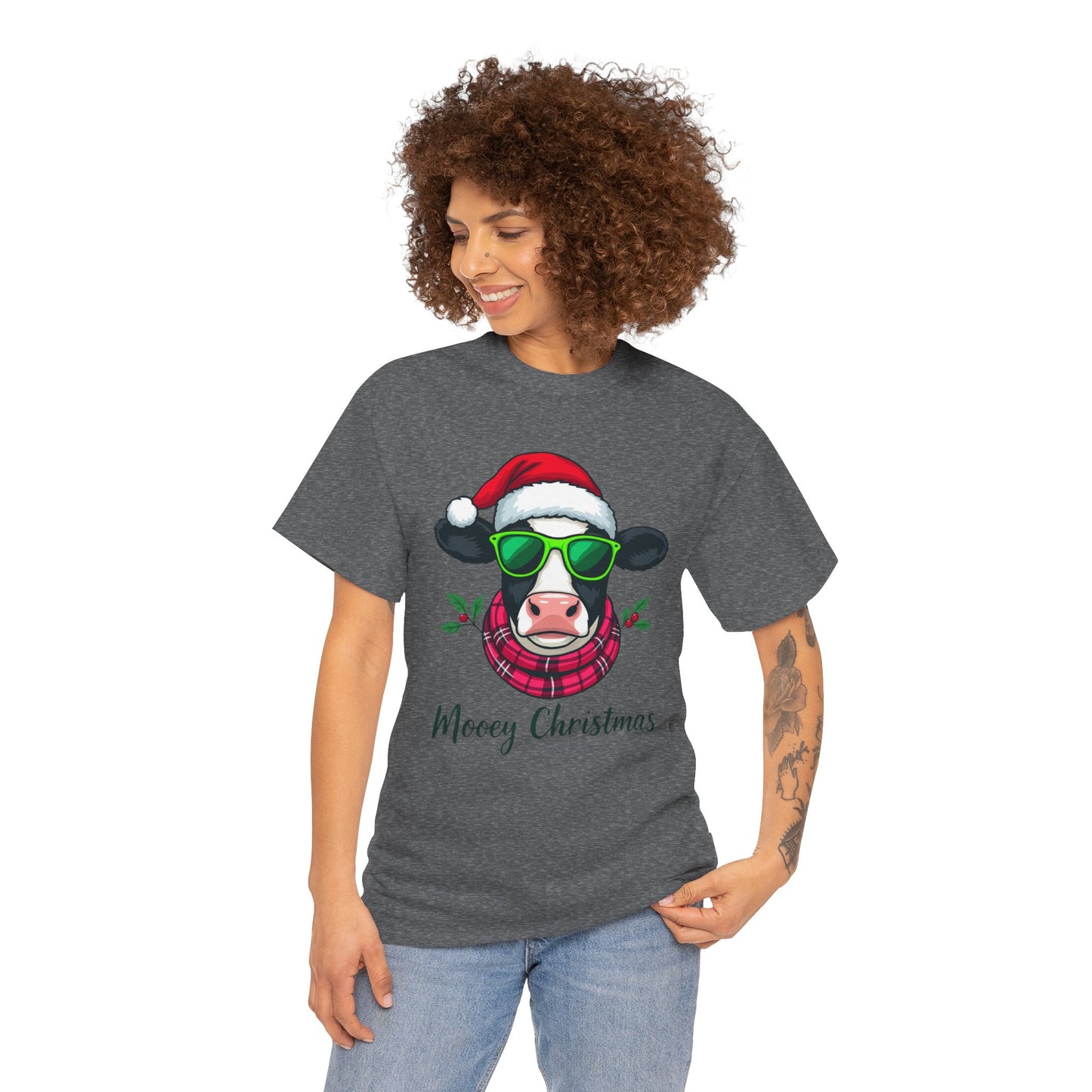 Moovey Christmas Cow Tee - Pink Plaid Scarf & Sunglasses