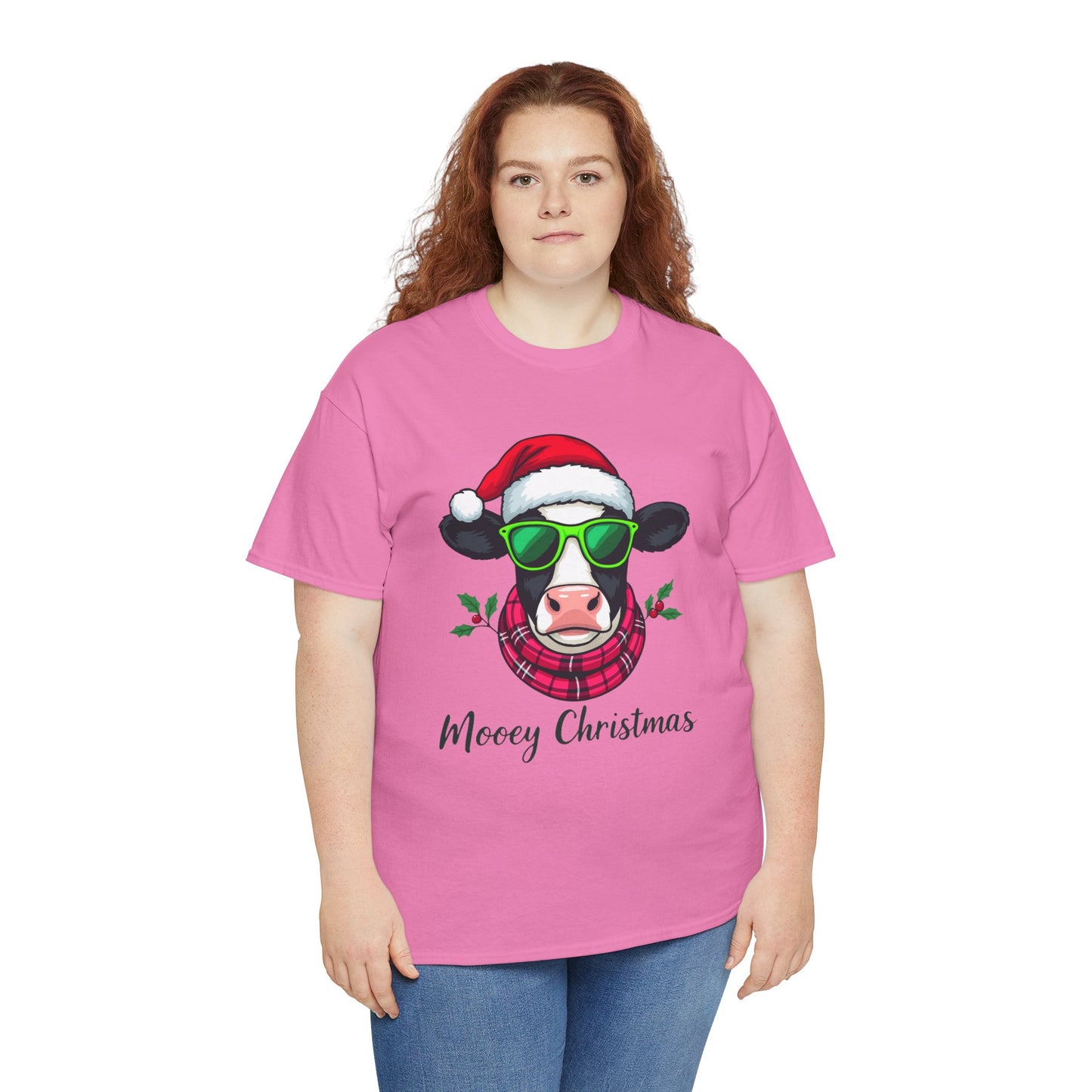 Moovey Christmas Cow Tee - Pink Plaid Scarf & Sunglasses