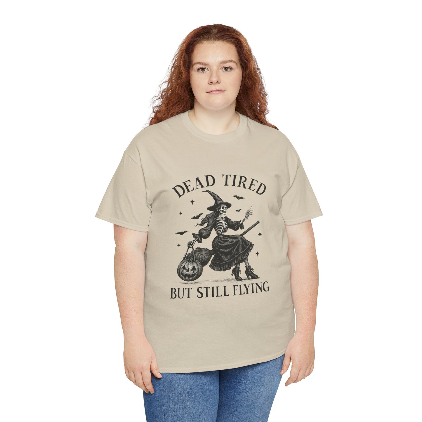 Dead Tired But Flying Skeleton Witch Halloween Tee
