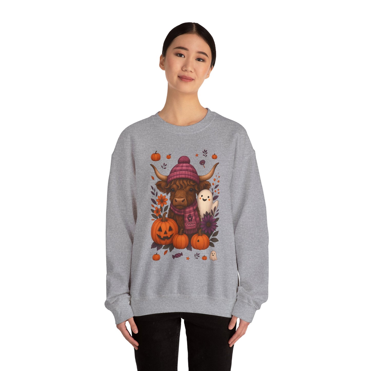 Highland Cow & Ghost Halloween Crewneck Sweatshirt