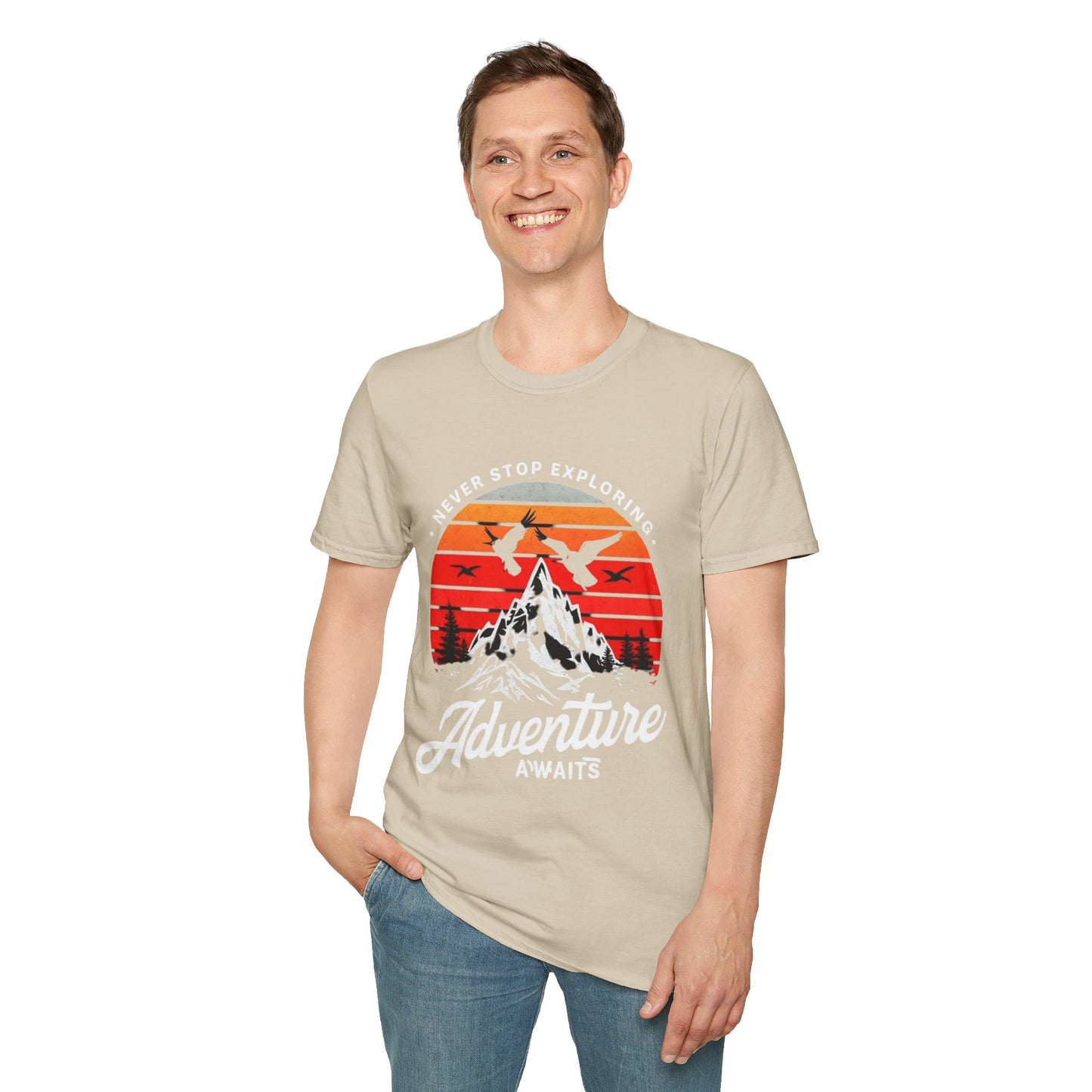 Adventure Awaits T-Shirt | Unisex Softstyle Tee | Perfect for Travel Lovers, Outdoor Adventures, Camping, Nature Gifts, Explore