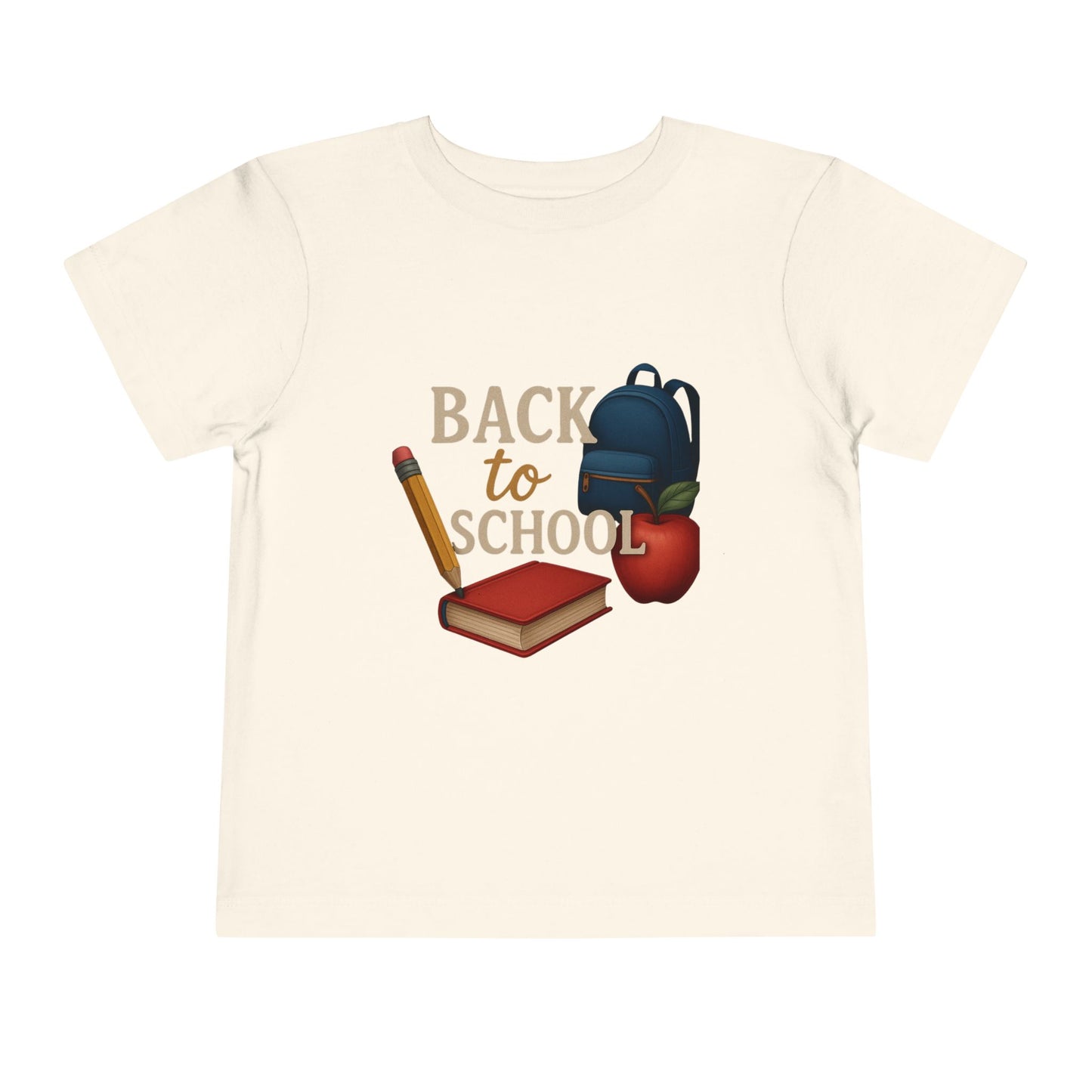Toddler Tee Back to School Shirt with Backpack, Apple, Pencil, and Book Design