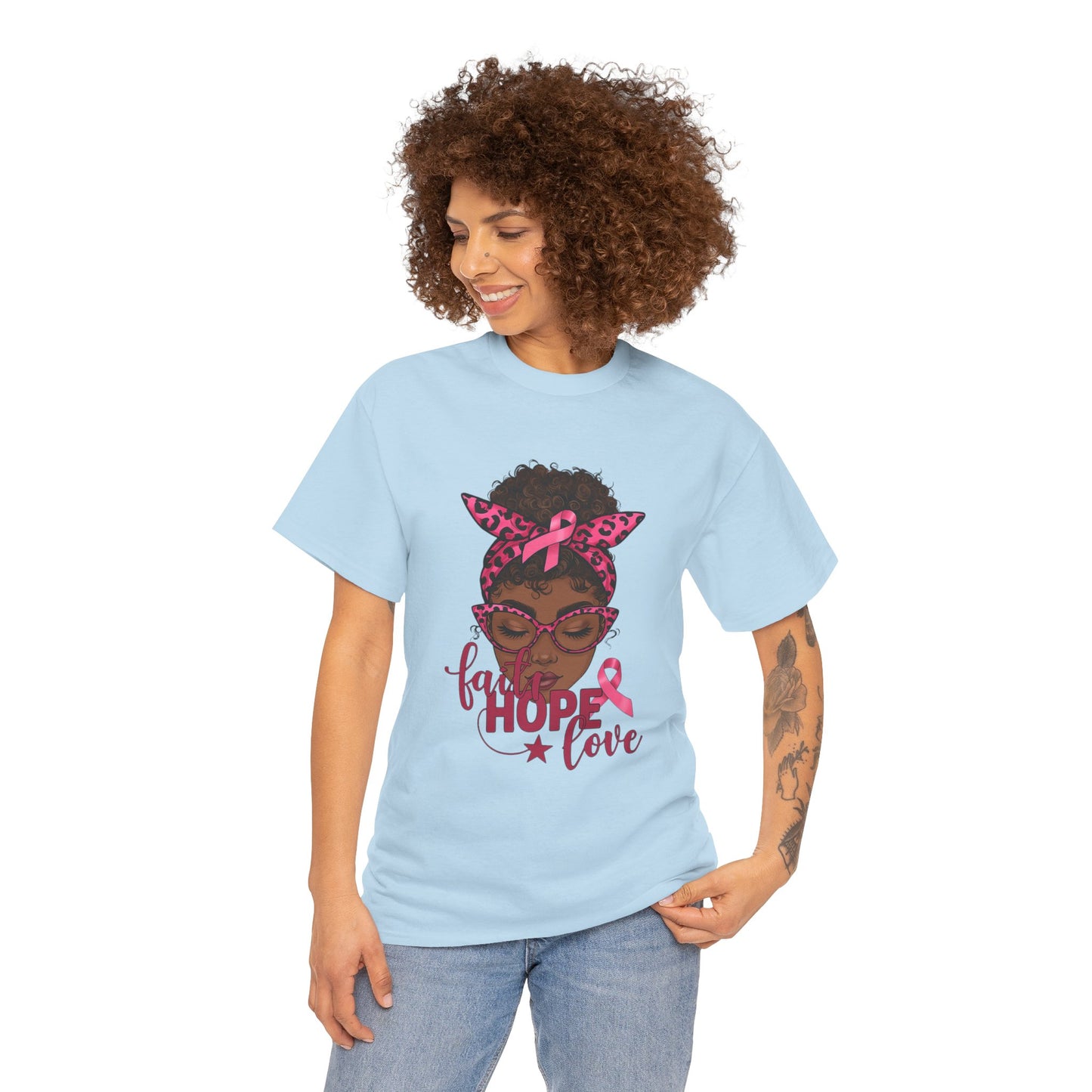 Hope Love Faith Black Woman Pink Ribbon Tee