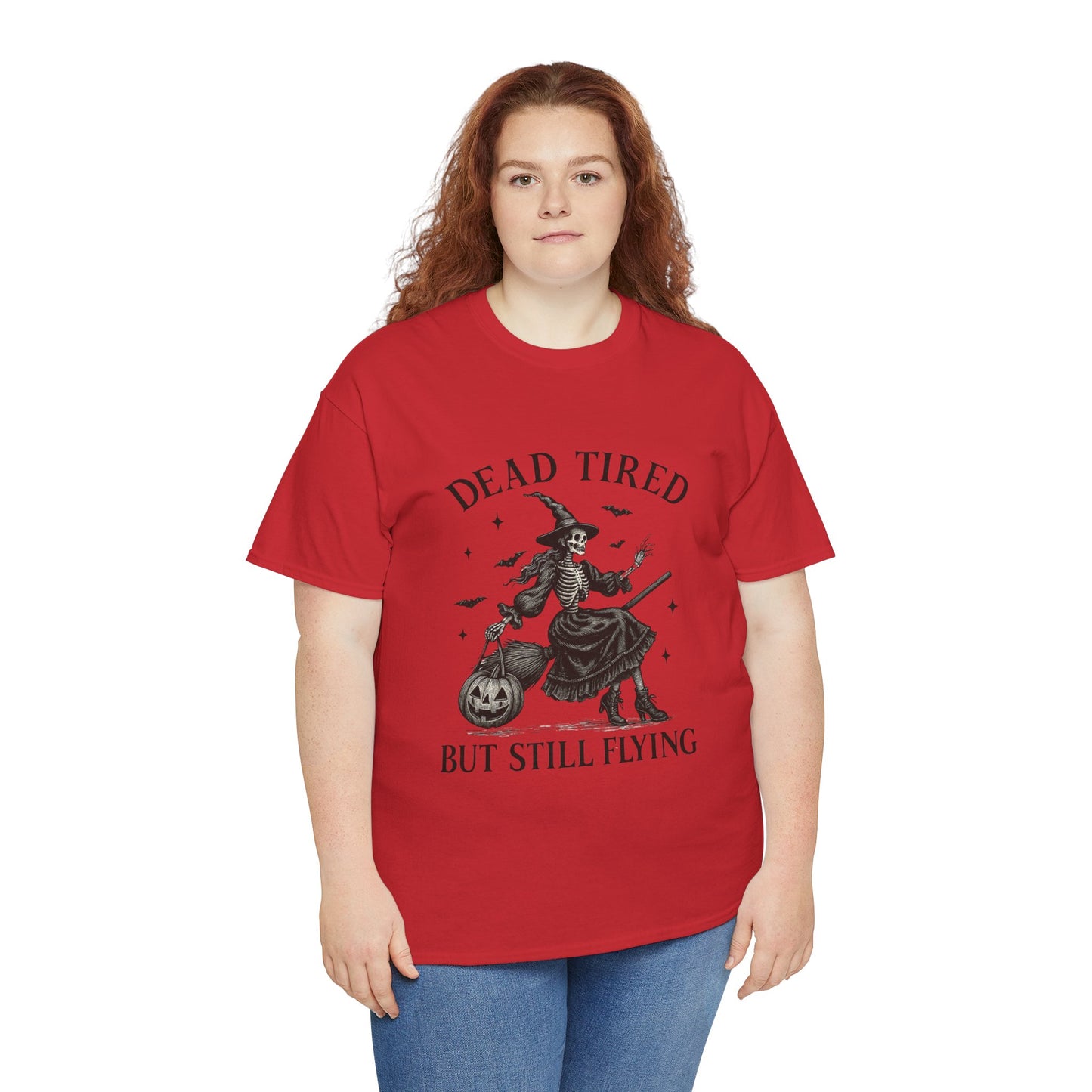 Dead Tired But Flying Skeleton Witch Halloween Tee