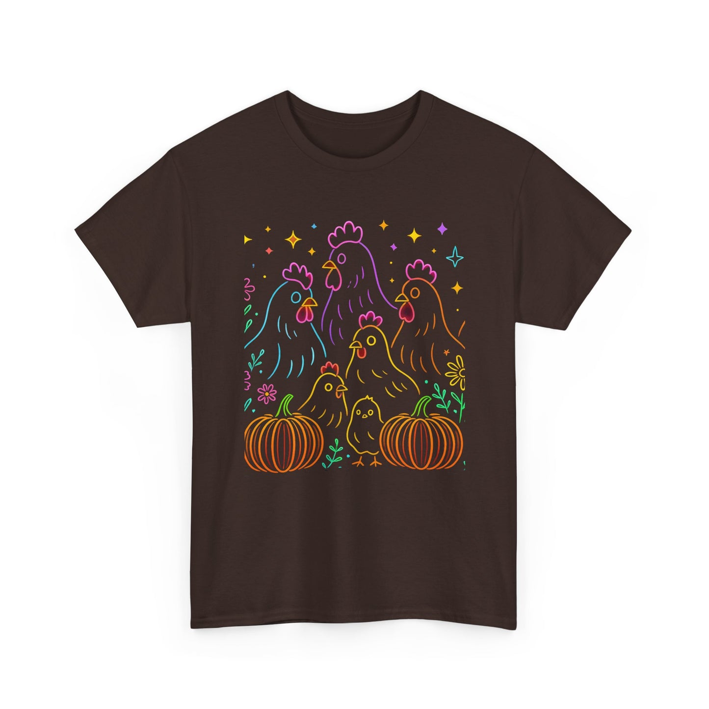 🌻 Autumn Chickens & Pumpkins Tee – Colorful Farm Harvest Shirt