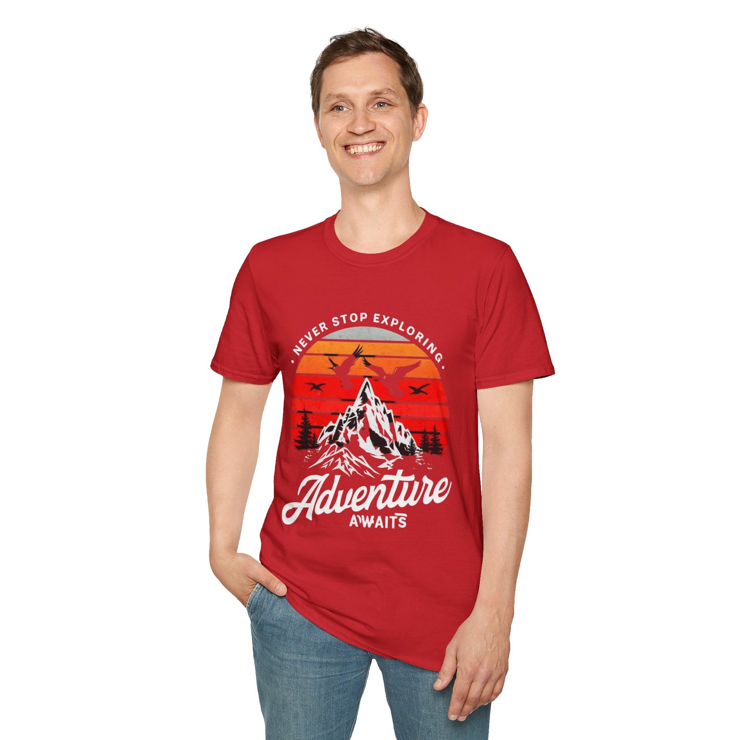 Adventure Awaits T-Shirt | Unisex Softstyle Tee | Perfect for Travel Lovers, Outdoor Adventures, Camping, Nature Gifts, Explore