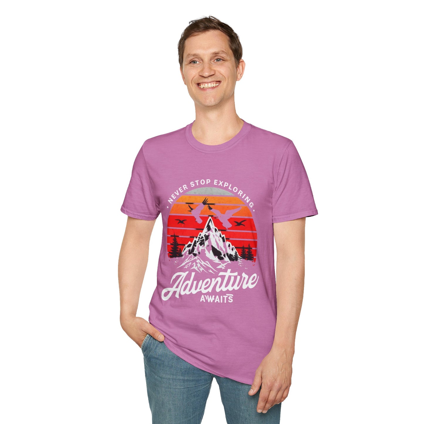 Adventure Awaits T-Shirt | Unisex Softstyle Tee | Perfect for Travel Lovers, Outdoor Adventures, Camping, Nature Gifts, Explore
