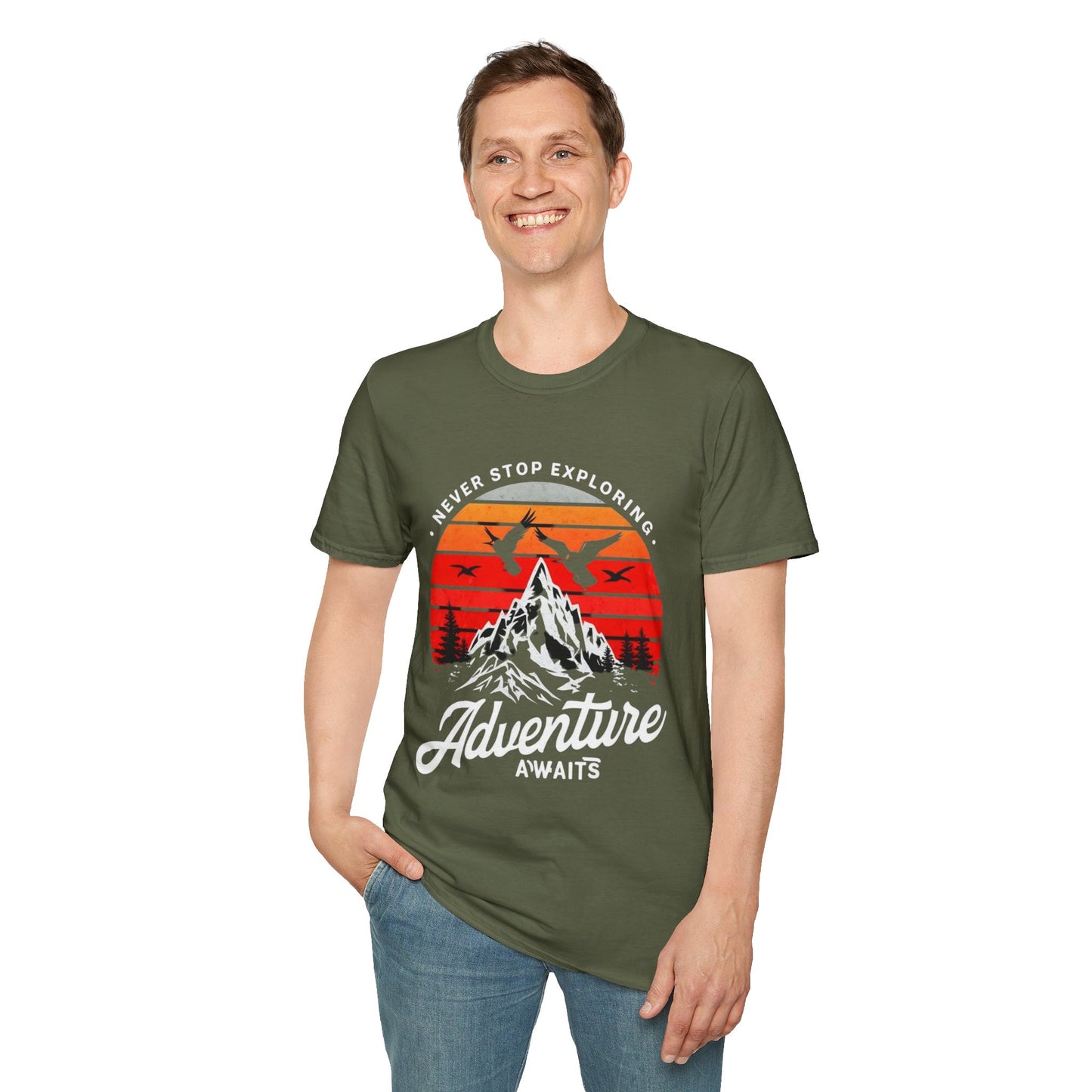 Adventure Awaits T-Shirt | Unisex Softstyle Tee | Perfect for Travel Lovers, Outdoor Adventures, Camping, Nature Gifts, Explore