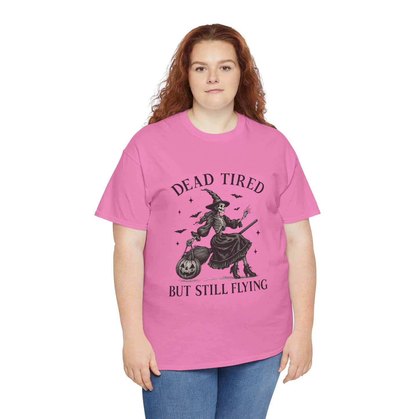 Dead Tired But Flying Skeleton Witch Halloween Tee