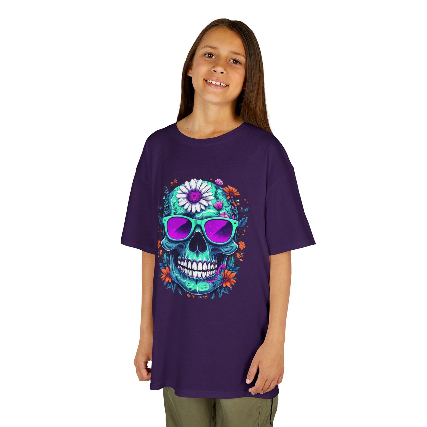 Vibrant Skull Youth Tee, Colorful T-Shirt for Festivals, Birthday Gift, Summer Wear, Unique Graphic Tee