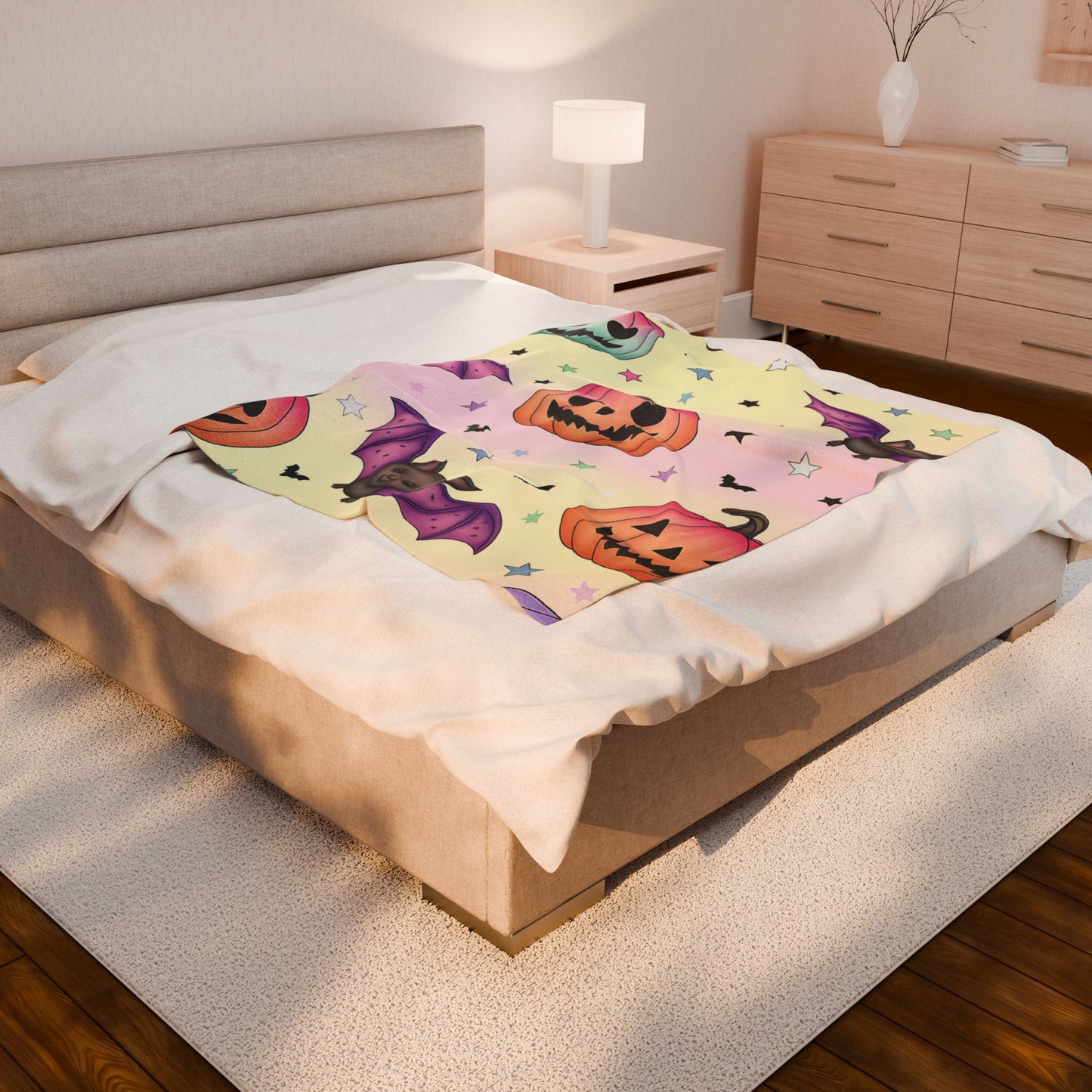 Halloween Plush Blanket, Cozy Trick or Treat Throw, Spooky Decor, Bat and Pumpkin Design, Perfect for Fall and Halloween Celebrations