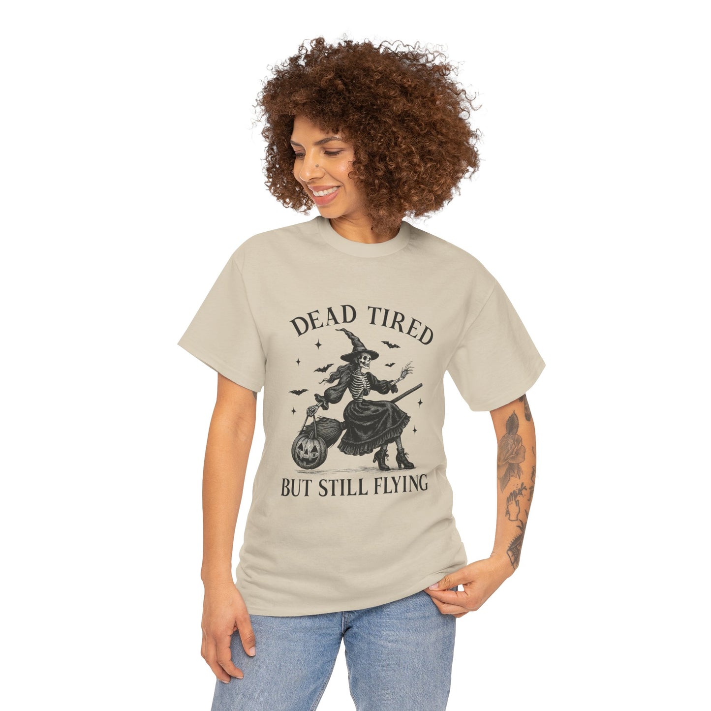 Dead Tired But Flying Skeleton Witch Halloween Tee