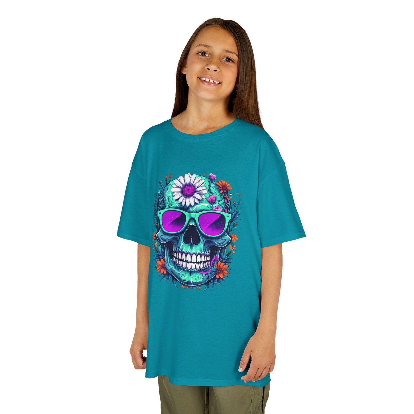 Vibrant Skull Youth Tee, Colorful T-Shirt for Festivals, Birthday Gift, Summer Wear, Unique Graphic Tee