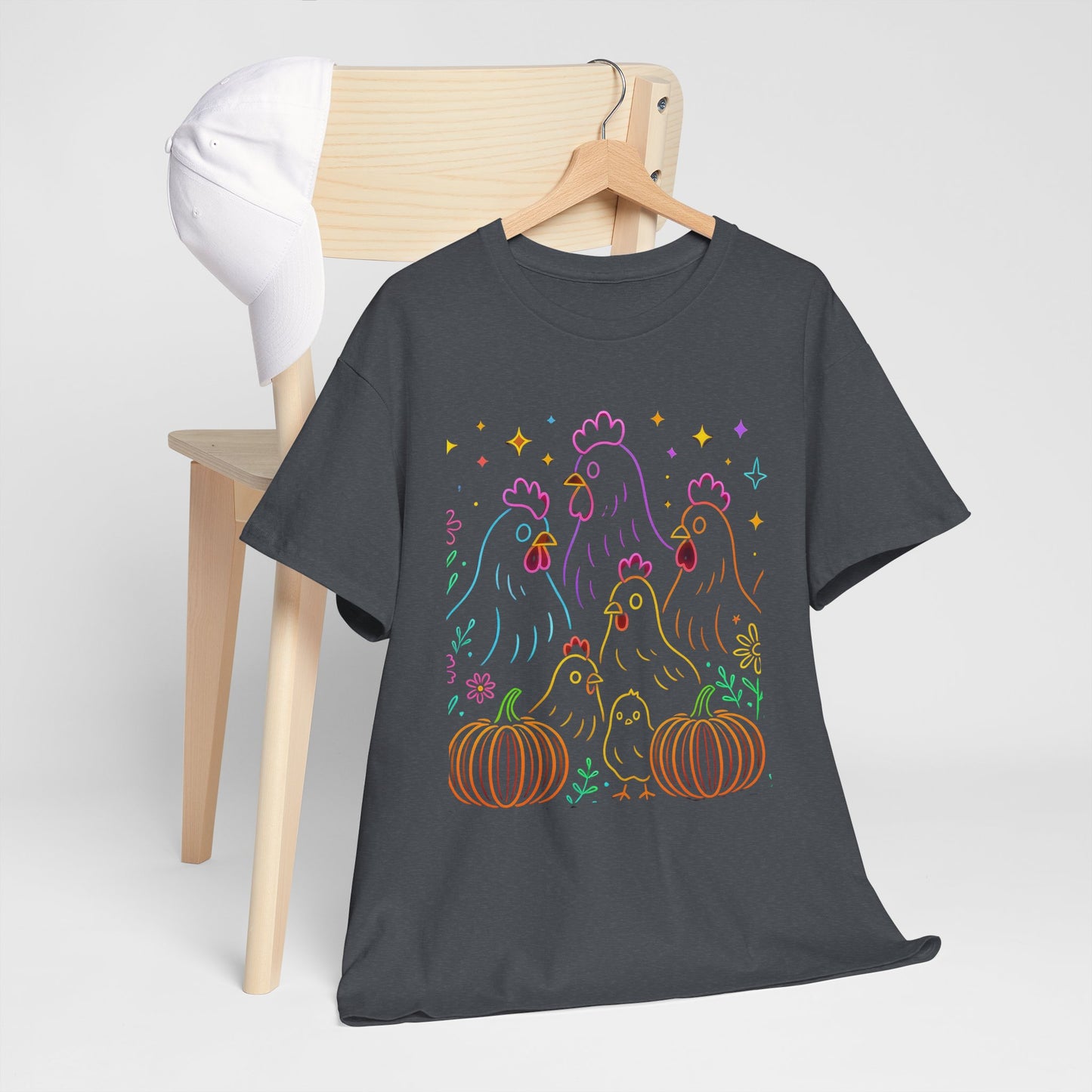 🌻 Autumn Chickens & Pumpkins Tee – Colorful Farm Harvest Shirt