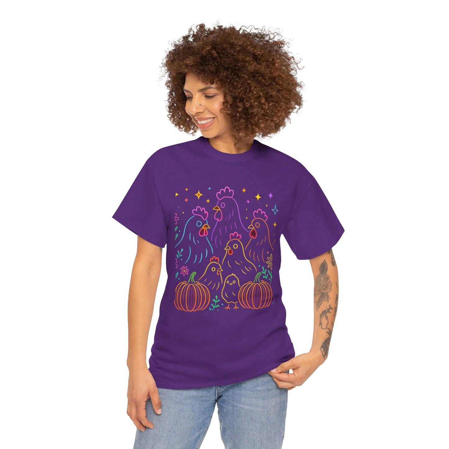 🌻 Autumn Chickens & Pumpkins Tee – Colorful Farm Harvest Shirt