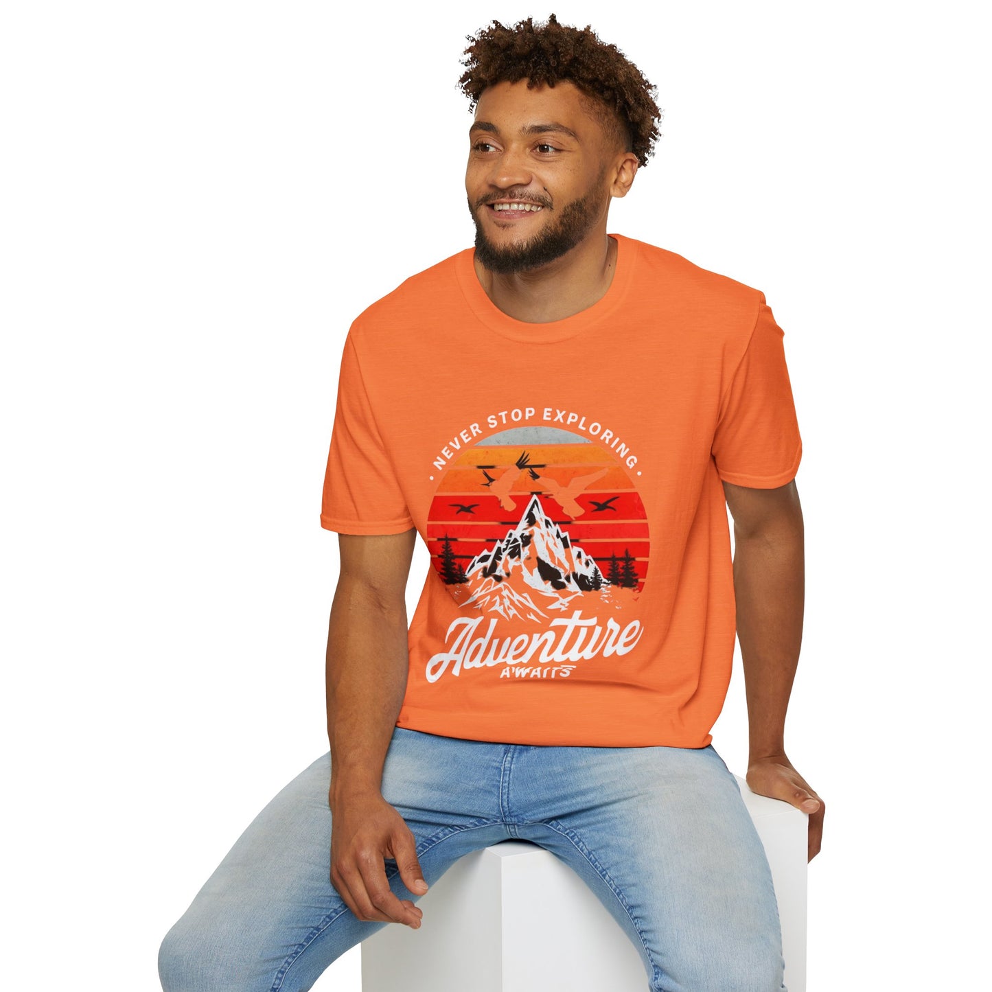 Adventure Awaits T-Shirt | Unisex Softstyle Tee | Perfect for Travel Lovers, Outdoor Adventures, Camping, Nature Gifts, Explore