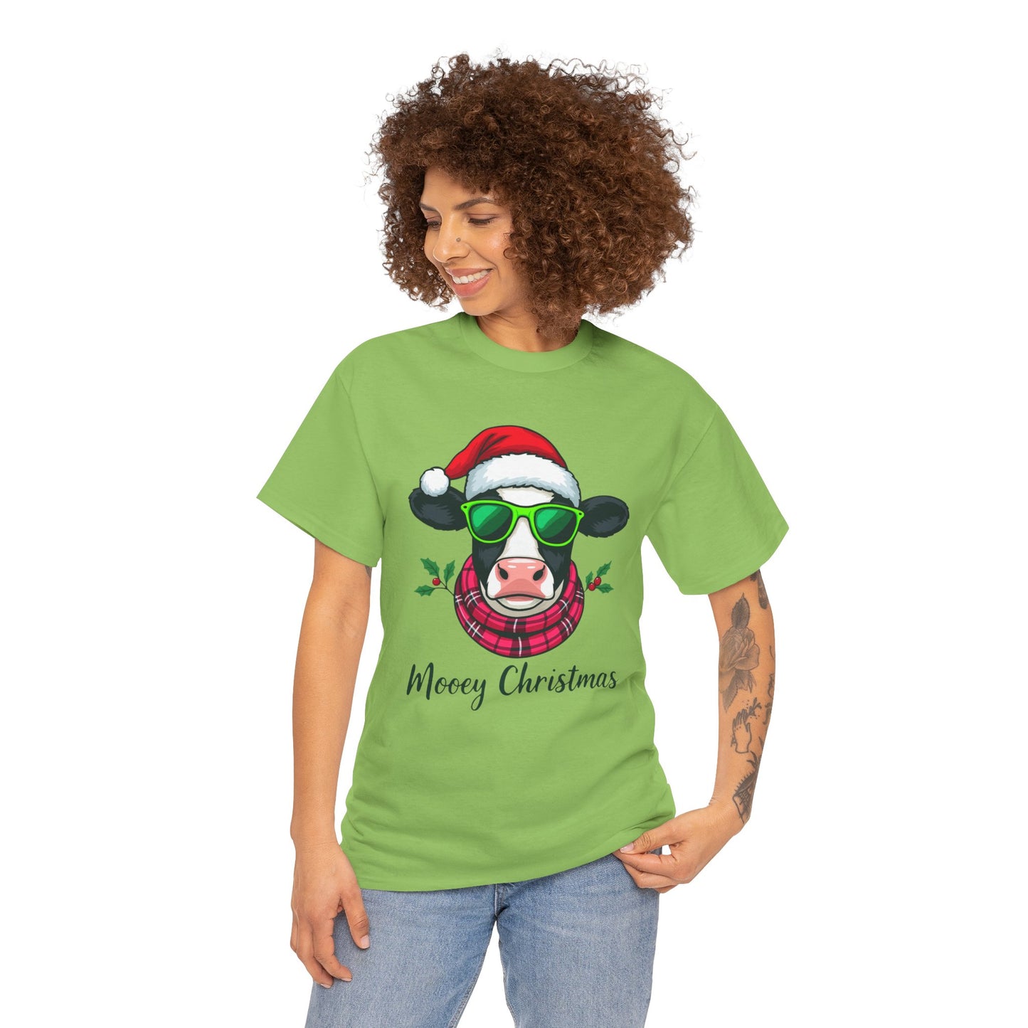Moovey Christmas Cow Tee - Pink Plaid Scarf & Sunglasses