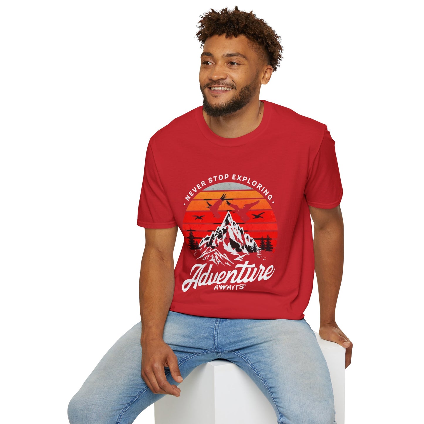 Adventure Awaits T-Shirt | Unisex Softstyle Tee | Perfect for Travel Lovers, Outdoor Adventures, Camping, Nature Gifts, Explore
