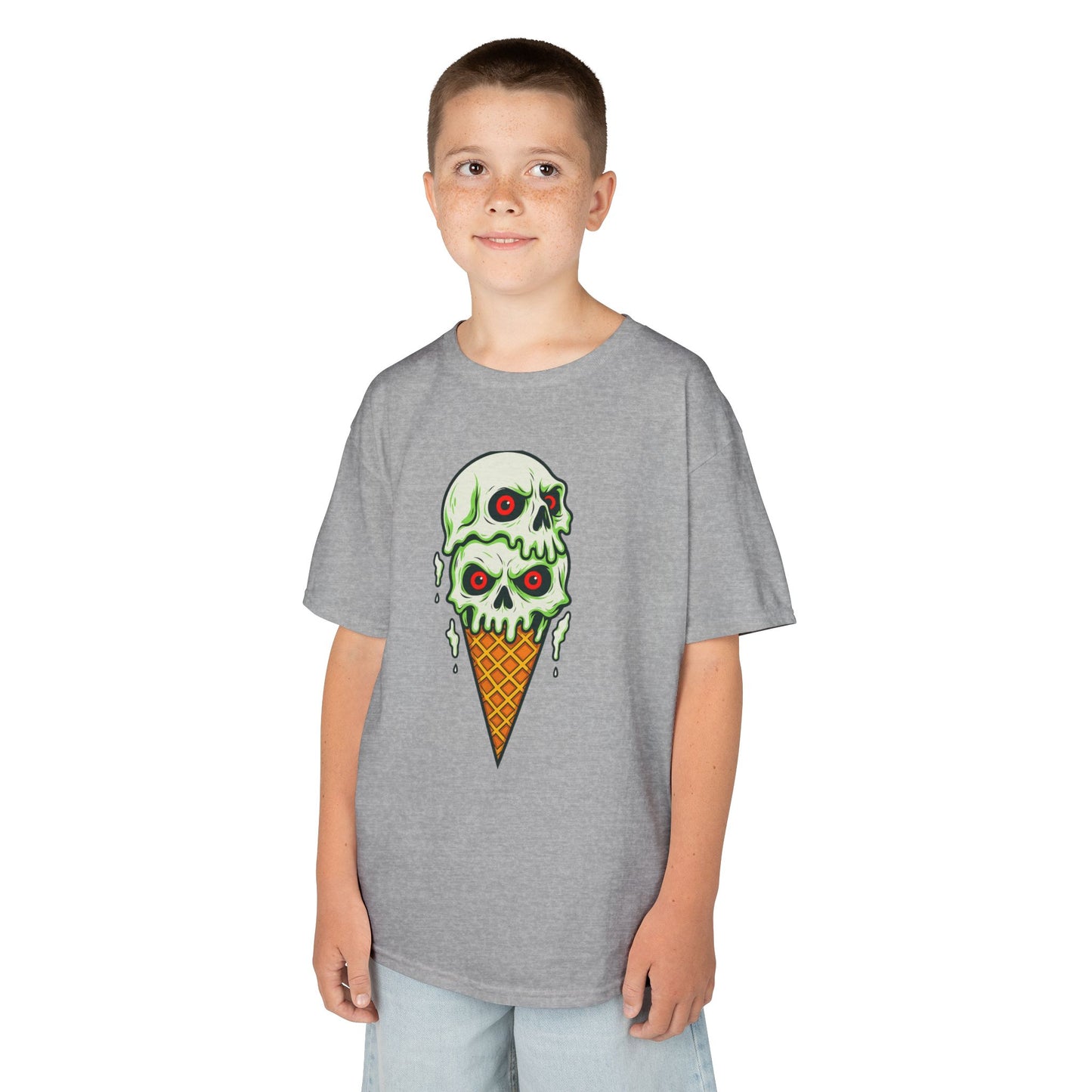 Kids Skull Ice Cream Tee, Cute T-Shirt for Kids, Halloween Apparel, Year-Round Fun, Trendy Summer Wear, Unique Gift Idea