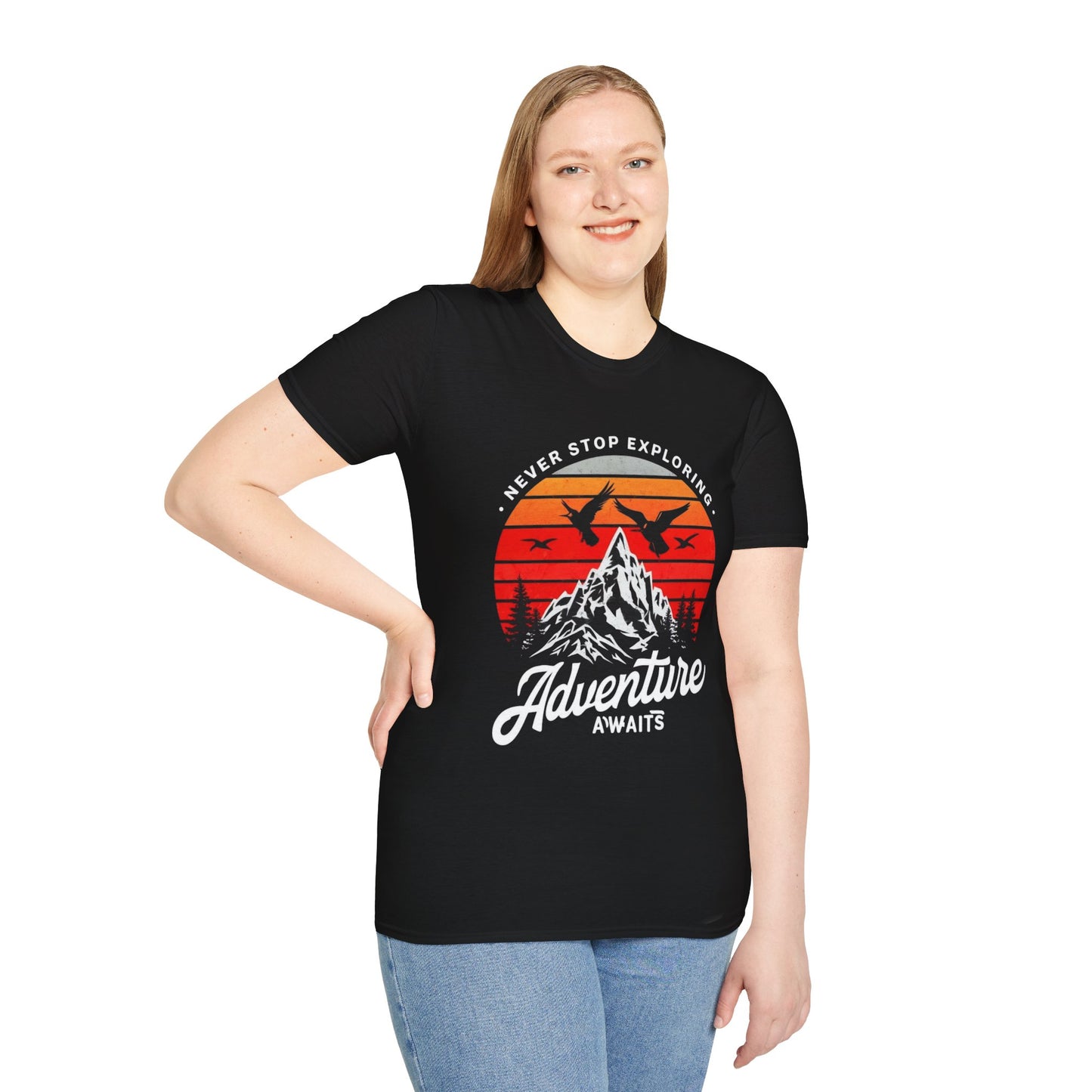 Adventure Awaits T-Shirt | Unisex Softstyle Tee | Perfect for Travel Lovers, Outdoor Adventures, Camping, Nature Gifts, Explore