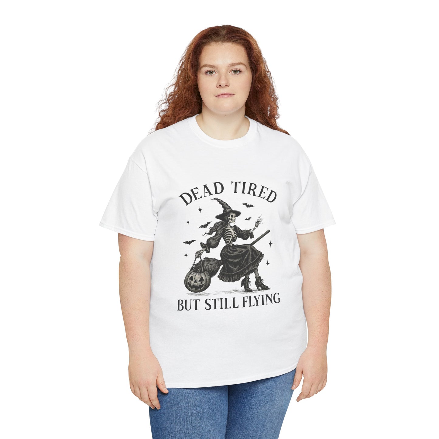 Dead Tired But Flying Skeleton Witch Halloween Tee