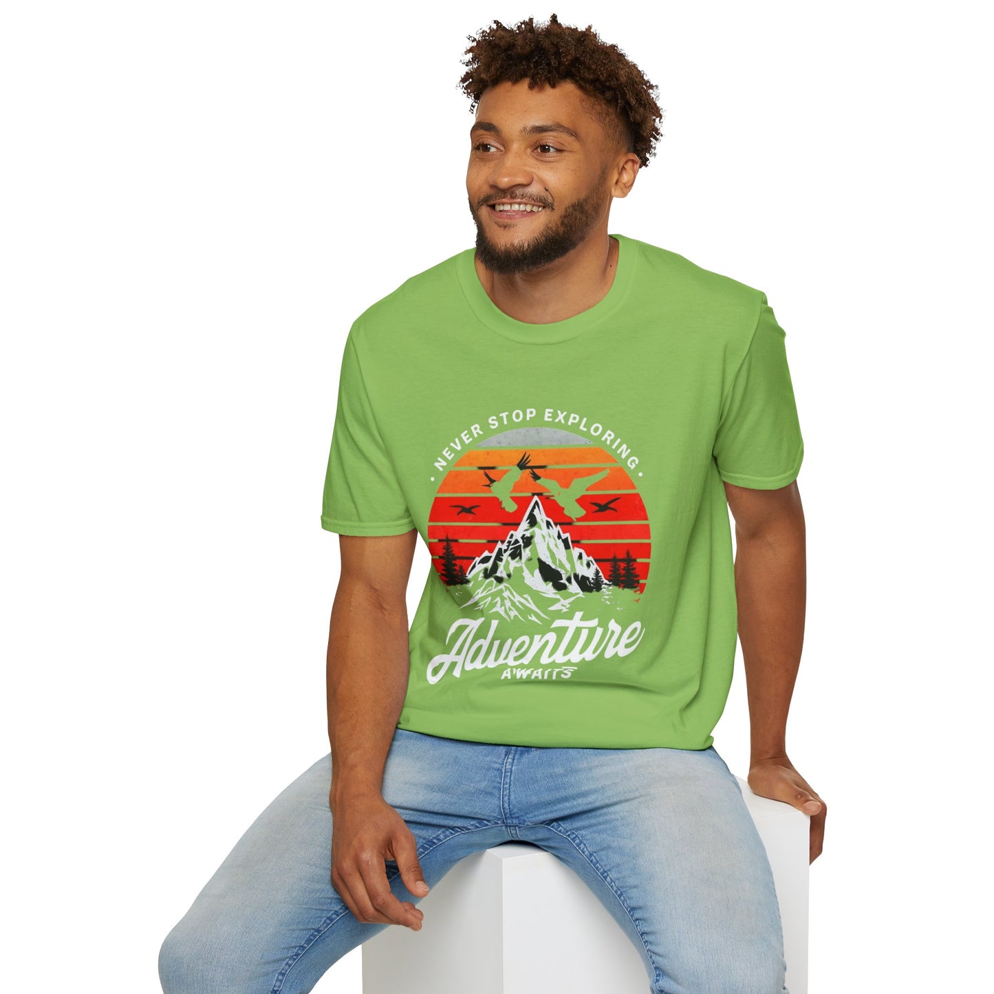 Adventure Awaits T-Shirt | Unisex Softstyle Tee | Perfect for Travel Lovers, Outdoor Adventures, Camping, Nature Gifts, Explore