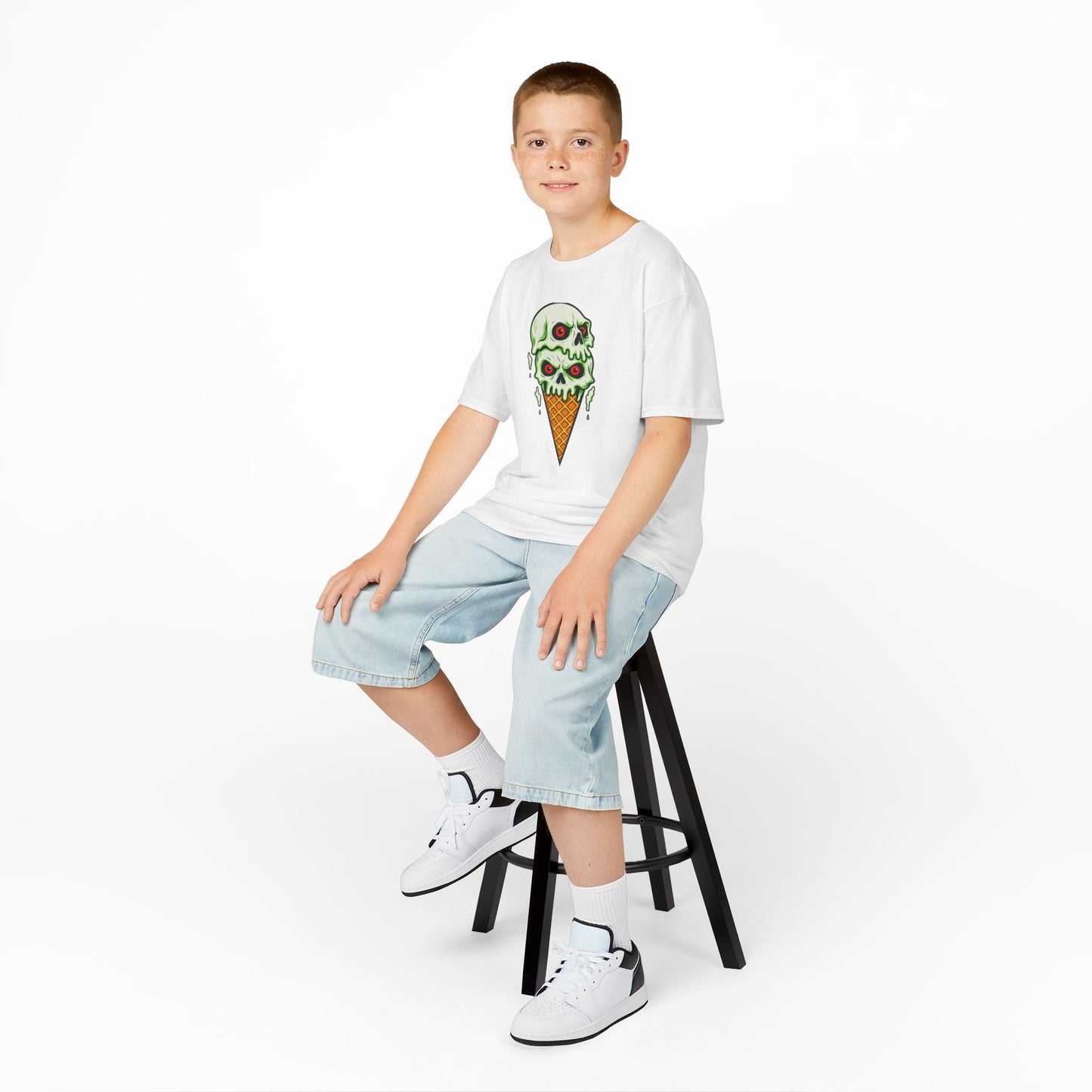 Kids Skull Ice Cream Tee, Cute T-Shirt for Kids, Halloween Apparel, Year-Round Fun, Trendy Summer Wear, Unique Gift Idea