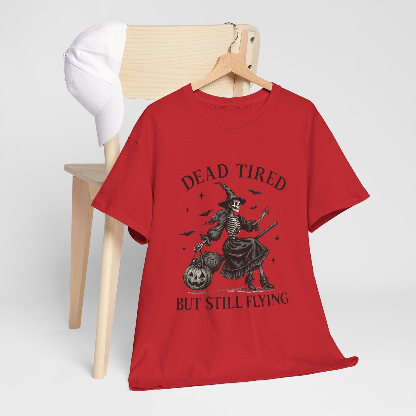 Dead Tired But Flying Skeleton Witch Halloween Tee