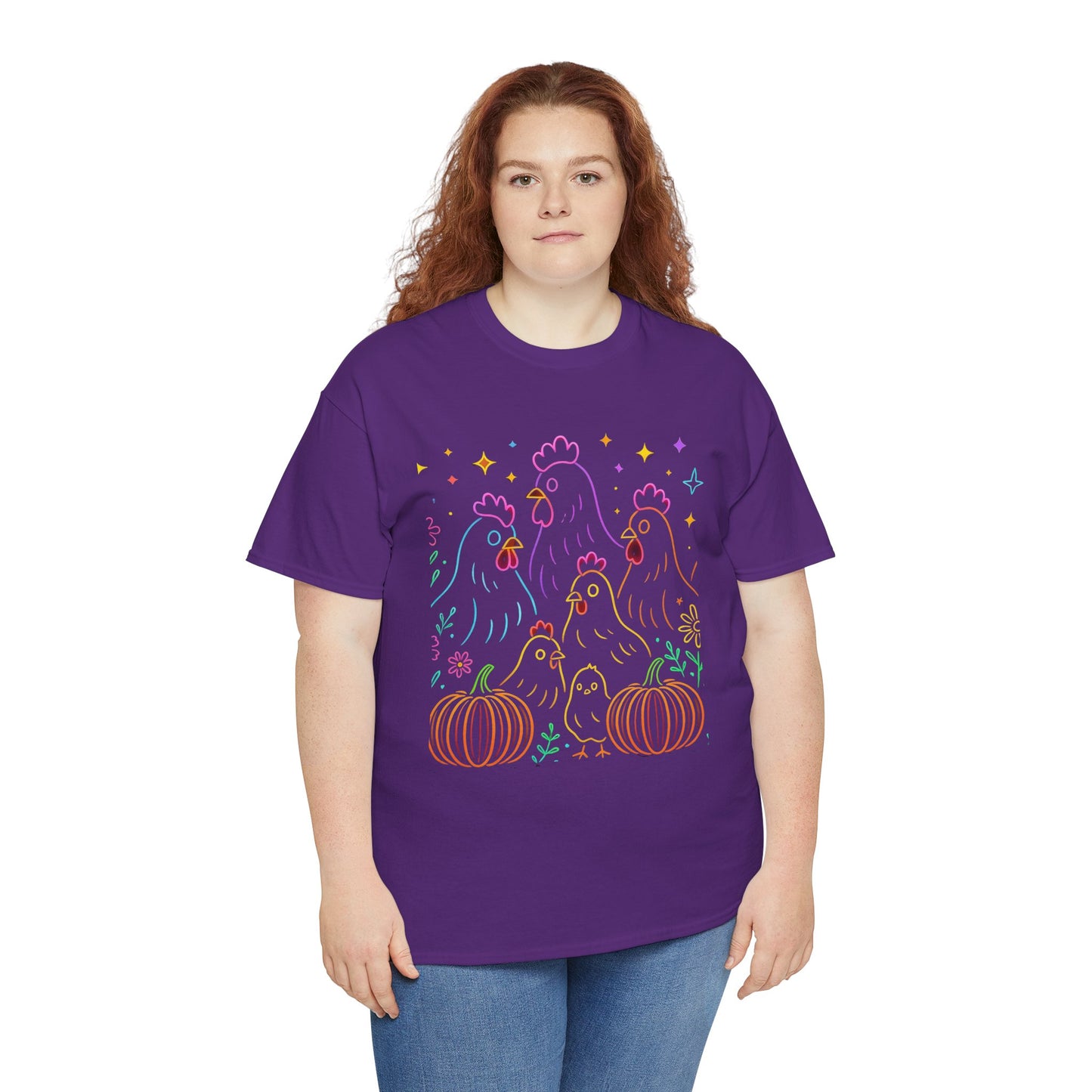 🌻 Autumn Chickens & Pumpkins Tee – Colorful Farm Harvest Shirt