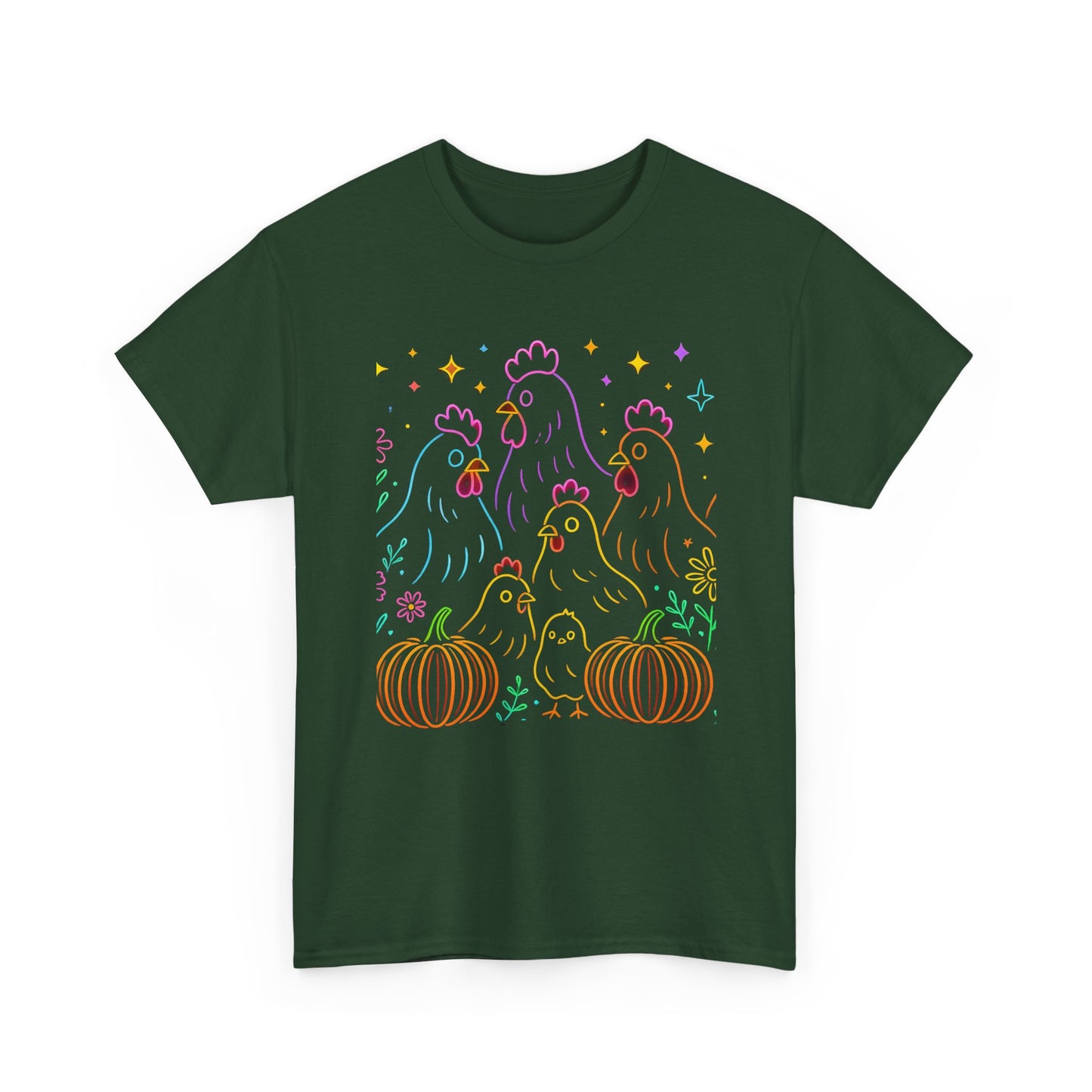 🌻 Autumn Chickens & Pumpkins Tee – Colorful Farm Harvest Shirt
