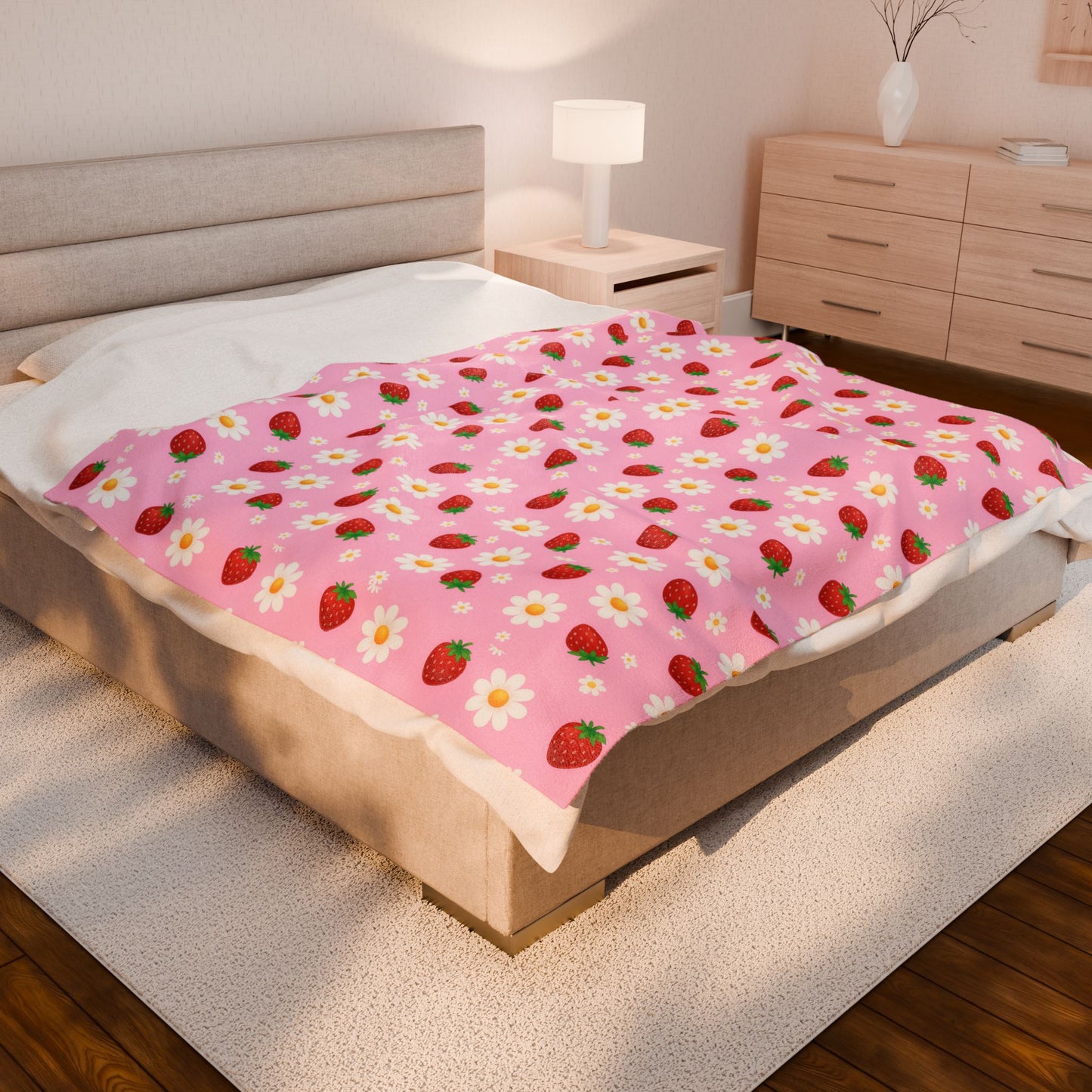 Cozy Strawberry Floral Blanket | Soft Plush Throw, Nursery Decor, Gift for Kids, Spring Home Accents, Cute Couch Cover