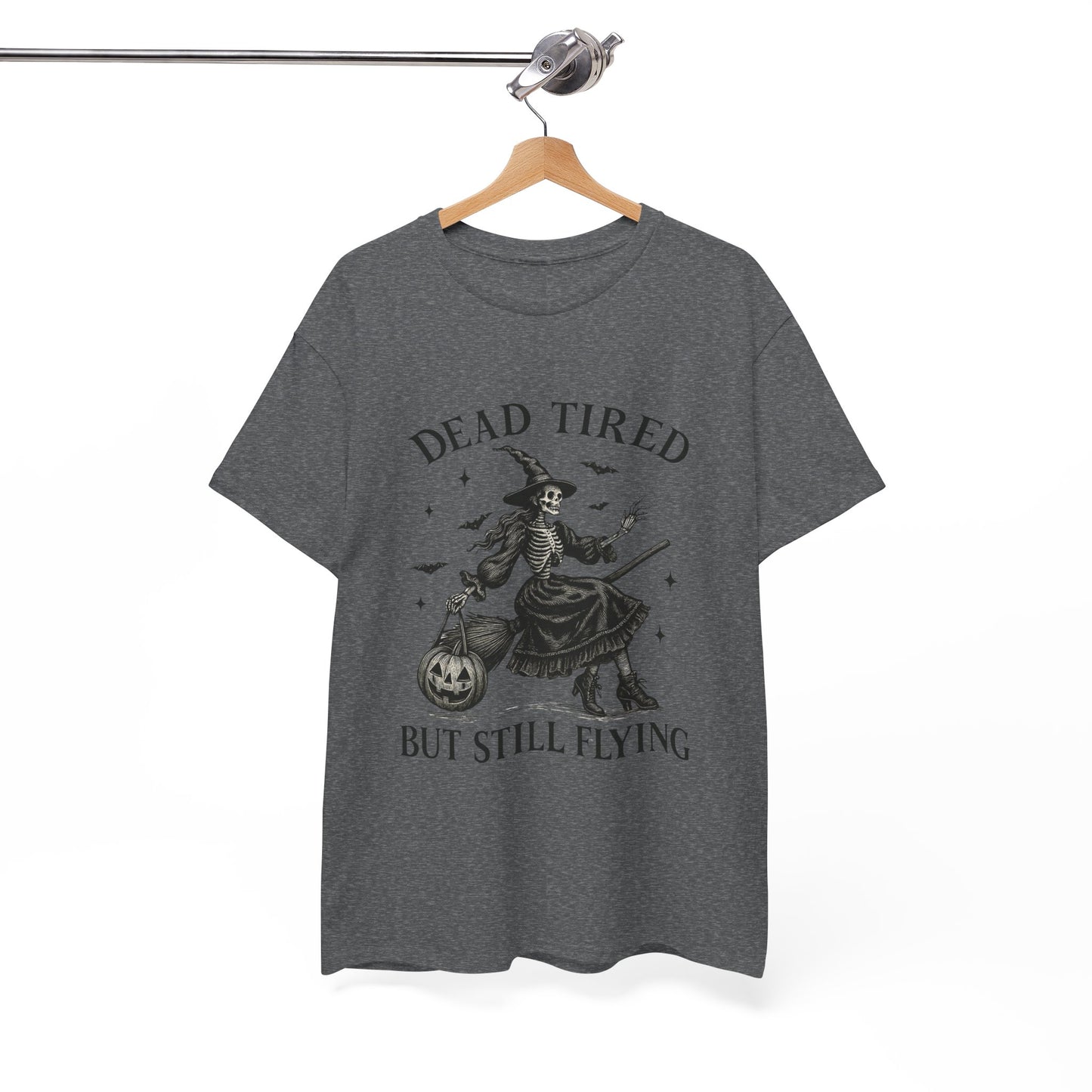 Dead Tired But Flying Skeleton Witch Halloween Tee