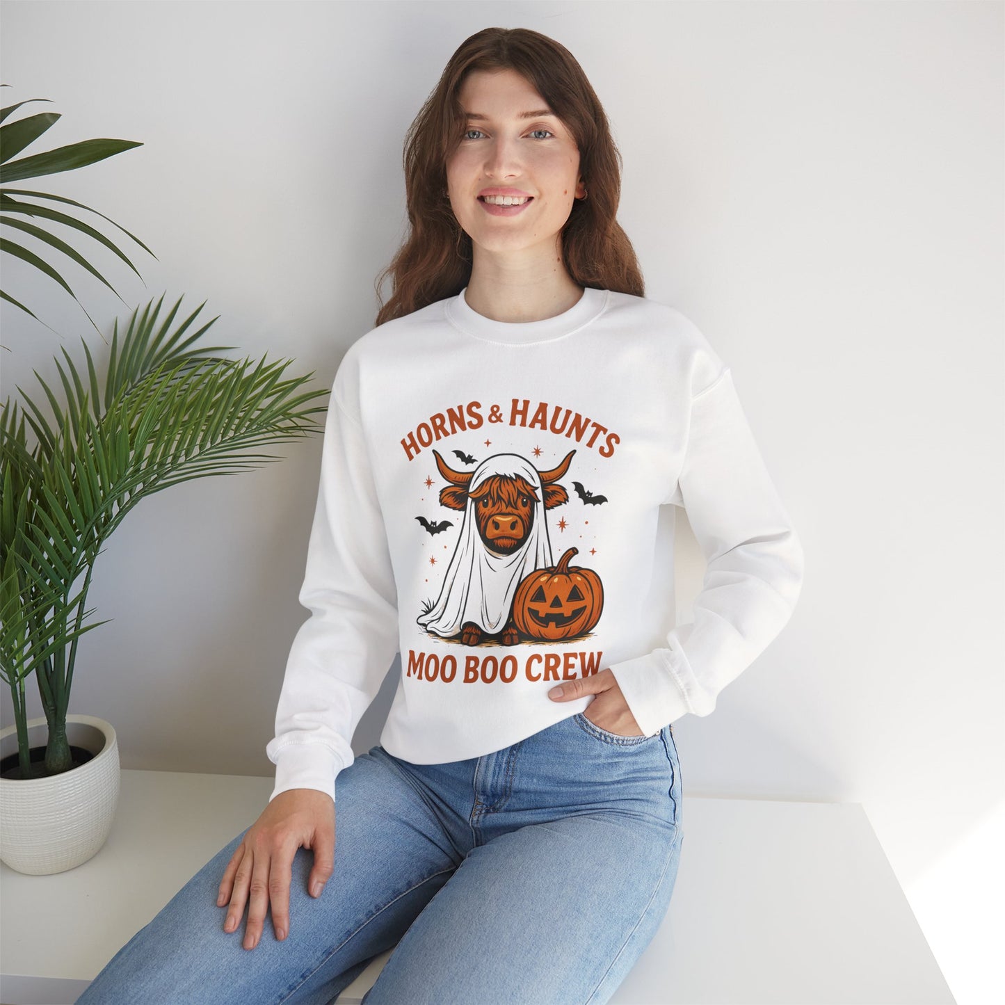 Horns & Haunts Highland Cow Ghost Crewneck Sweatshirt
