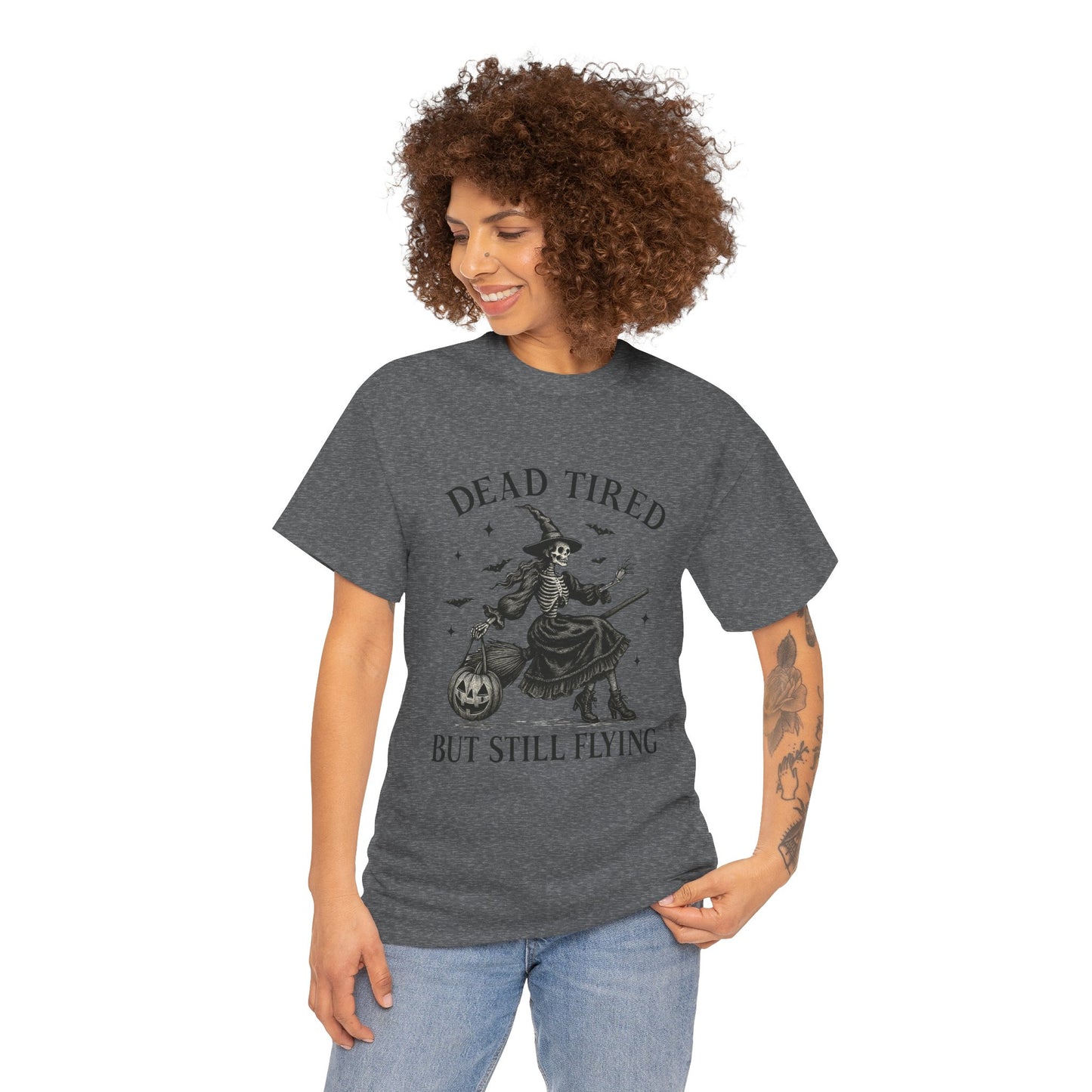 Dead Tired But Flying Skeleton Witch Halloween Tee
