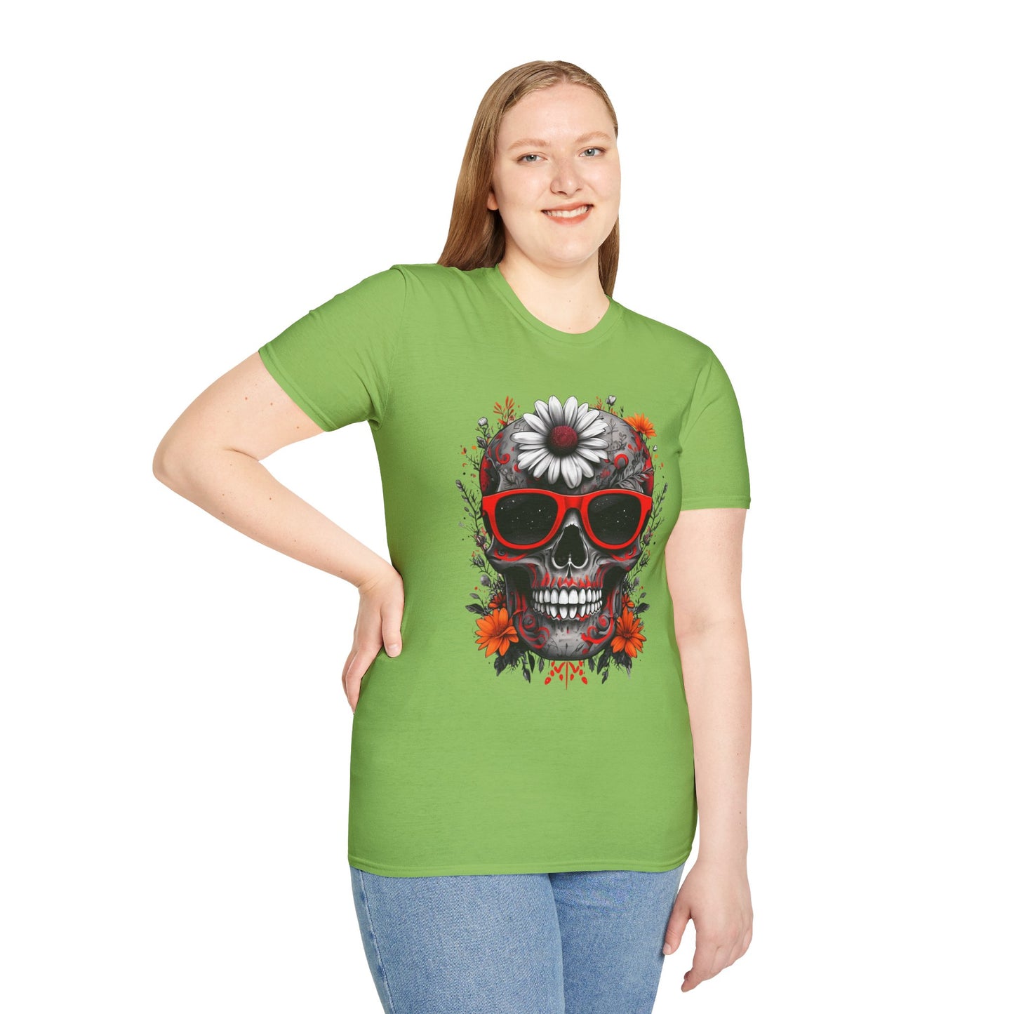 Skull & Flower Graphic T-Shirt, Unisex Casual Tee, Edgy Fashion Wear, Festival Outfit, Gift for Halloween & Day of the Dead