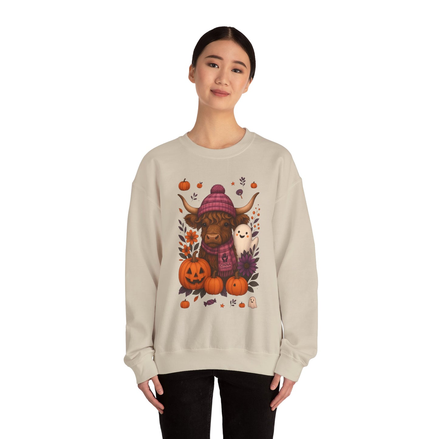 Highland Cow & Ghost Halloween Crewneck Sweatshirt