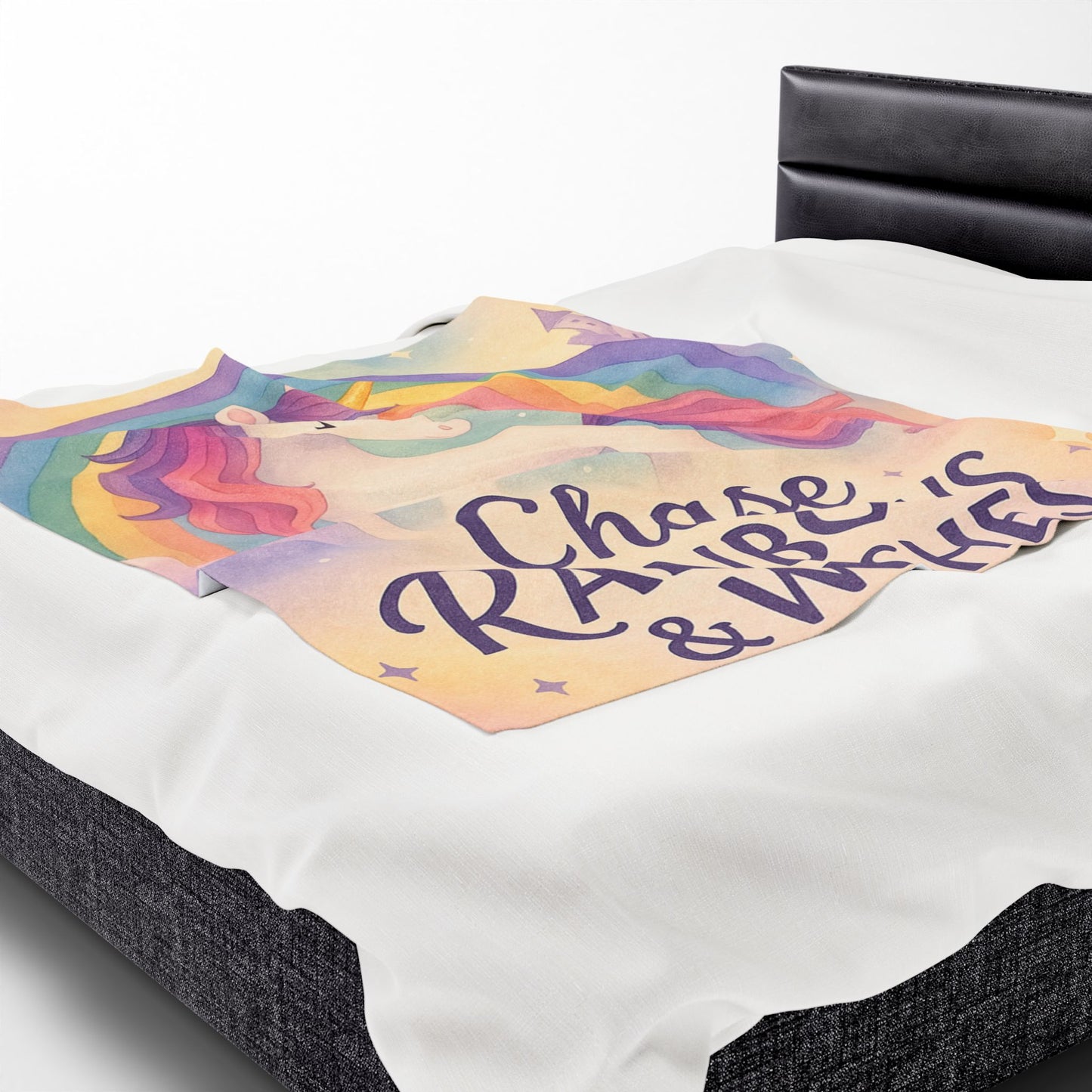 Unicorn Rainbow Plush Blanket, Cozy Kids Blanket, Soft Velveteen Throw, Magical Nursery Decor, Chase Rainbows & Wishes