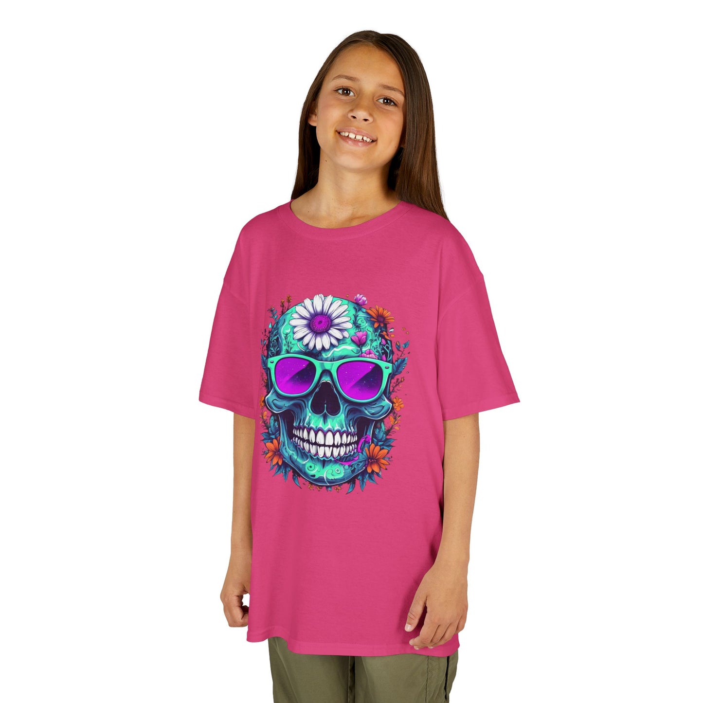 Vibrant Skull Youth Tee, Colorful T-Shirt for Festivals, Birthday Gift, Summer Wear, Unique Graphic Tee