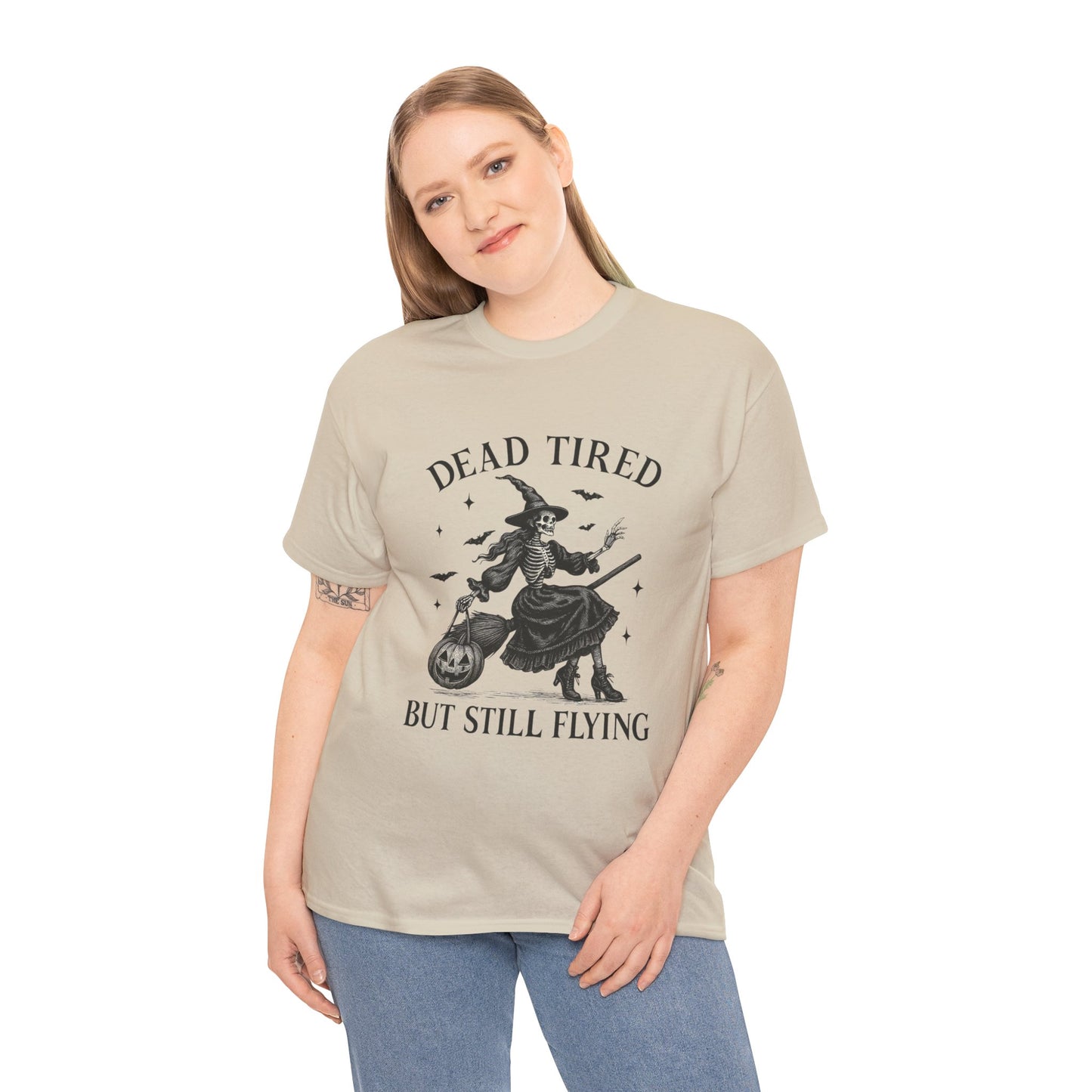 Dead Tired But Flying Skeleton Witch Halloween Tee