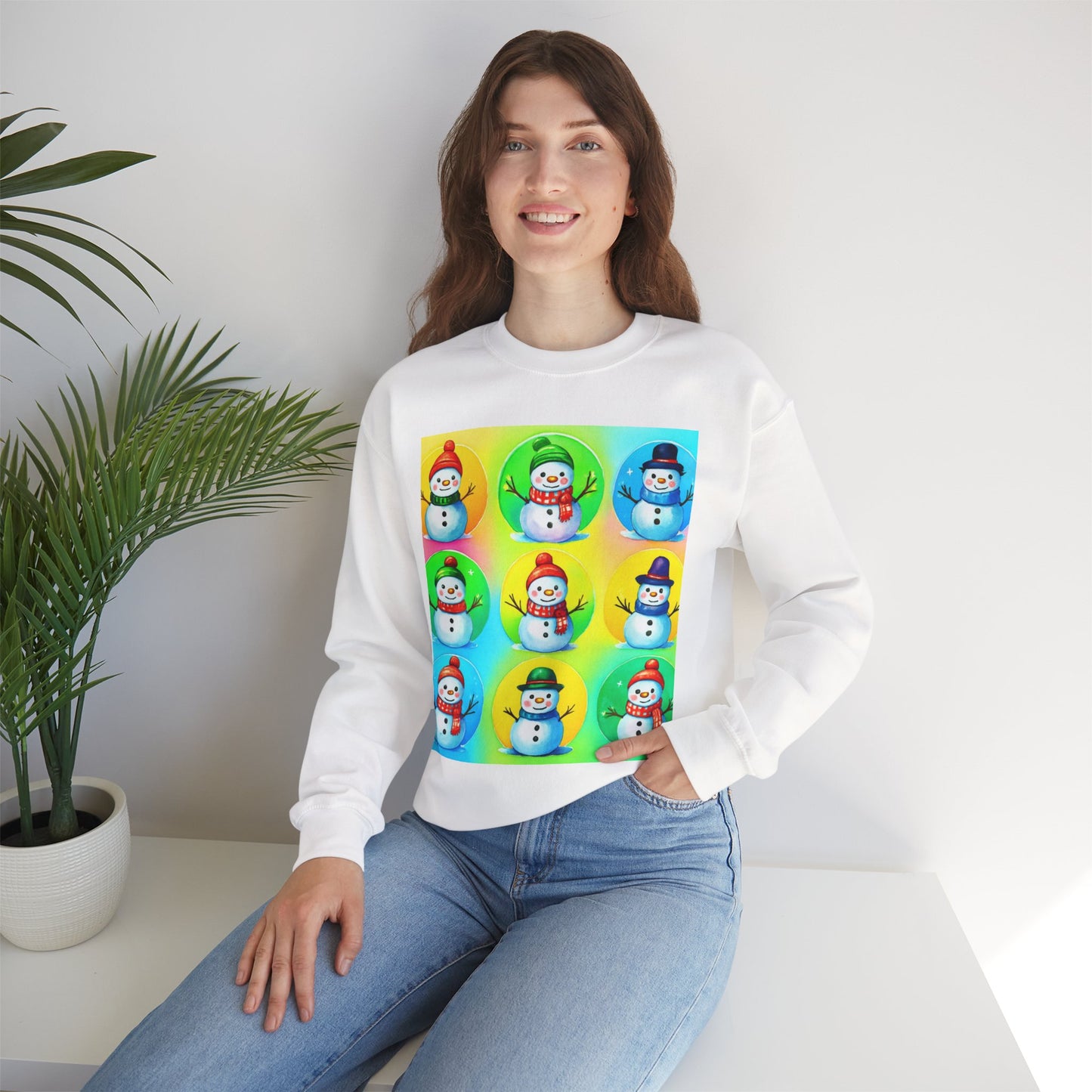 Snowmen Grid Crewneck Sweatshirt - Holiday Cartoon Style