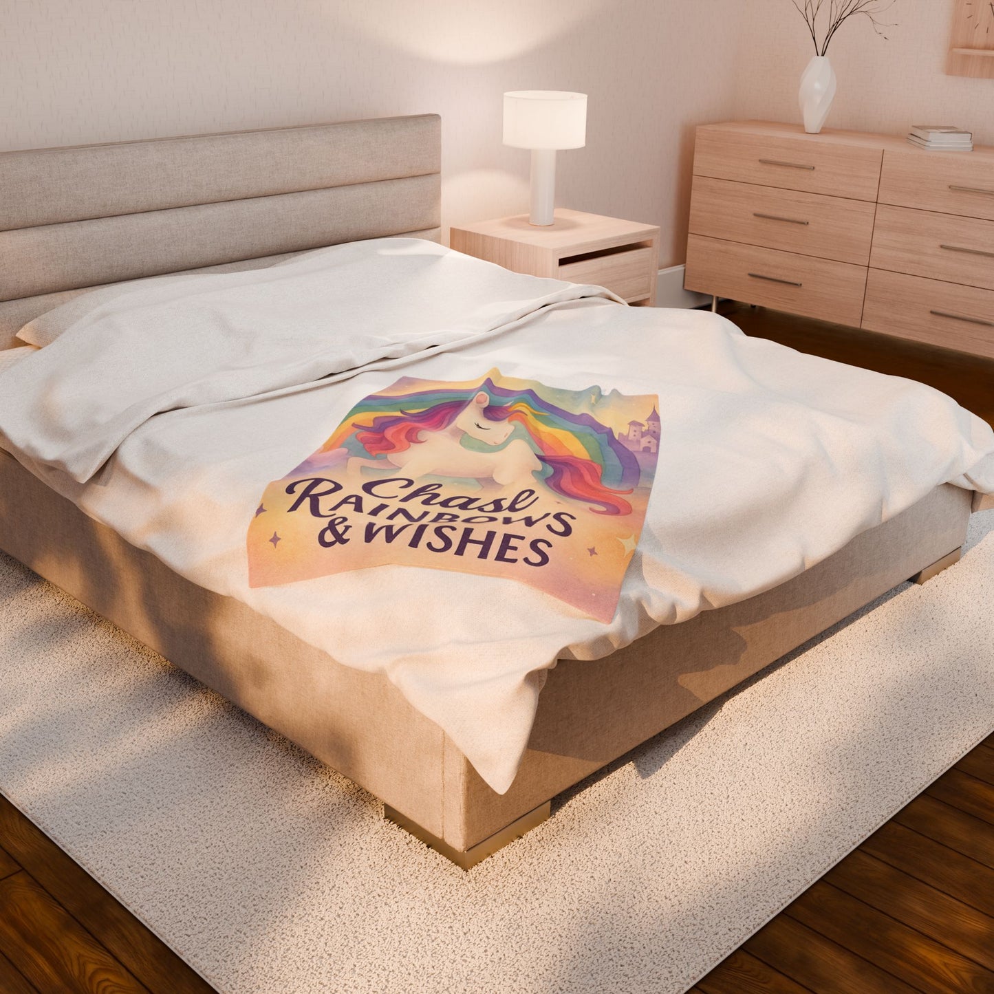 Unicorn Rainbow Plush Blanket, Cozy Kids Blanket, Soft Velveteen Throw, Magical Nursery Decor, Chase Rainbows & Wishes