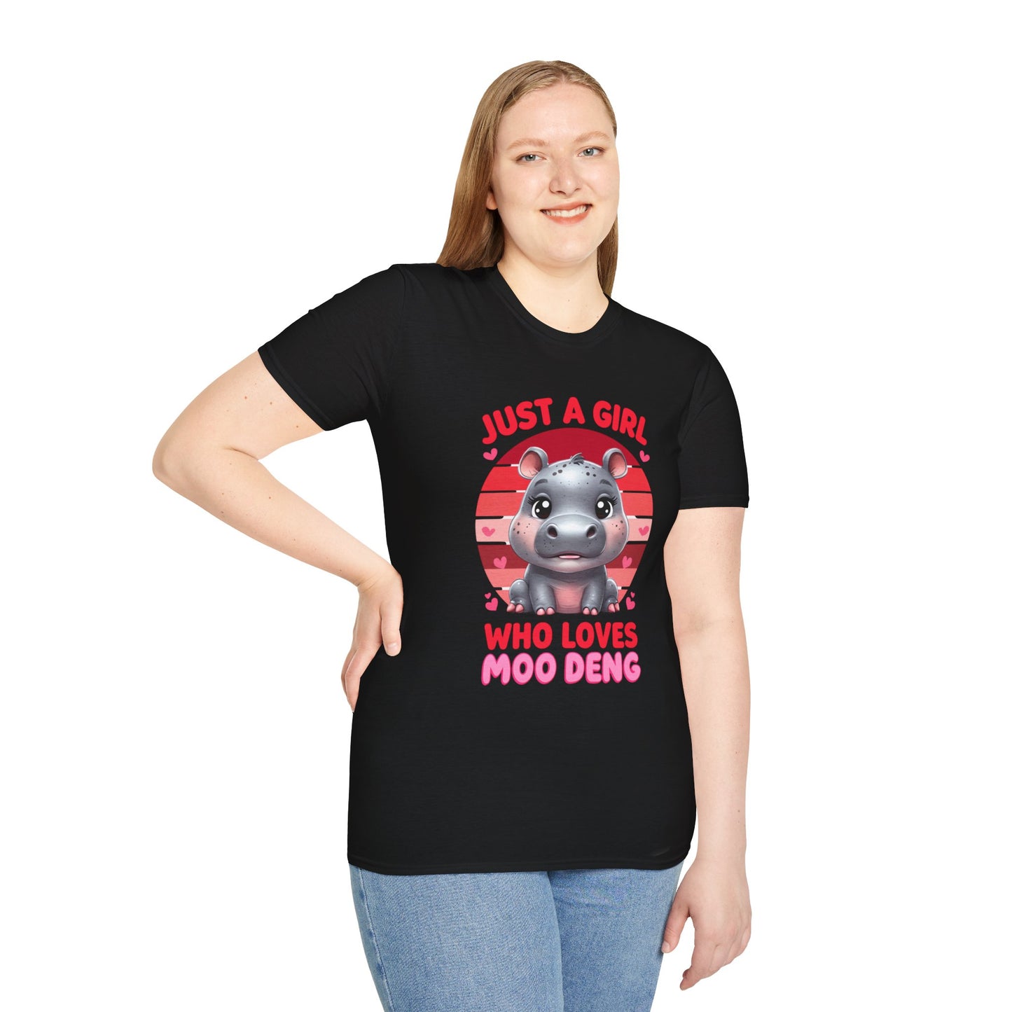 Just a Girl Who Loves Moo Deng Unisex Softstyle T-Shirt | Cute Hippo Tee, Animal Lover Shirt, Gift for Kids, Summer Wear, Birthday Present
