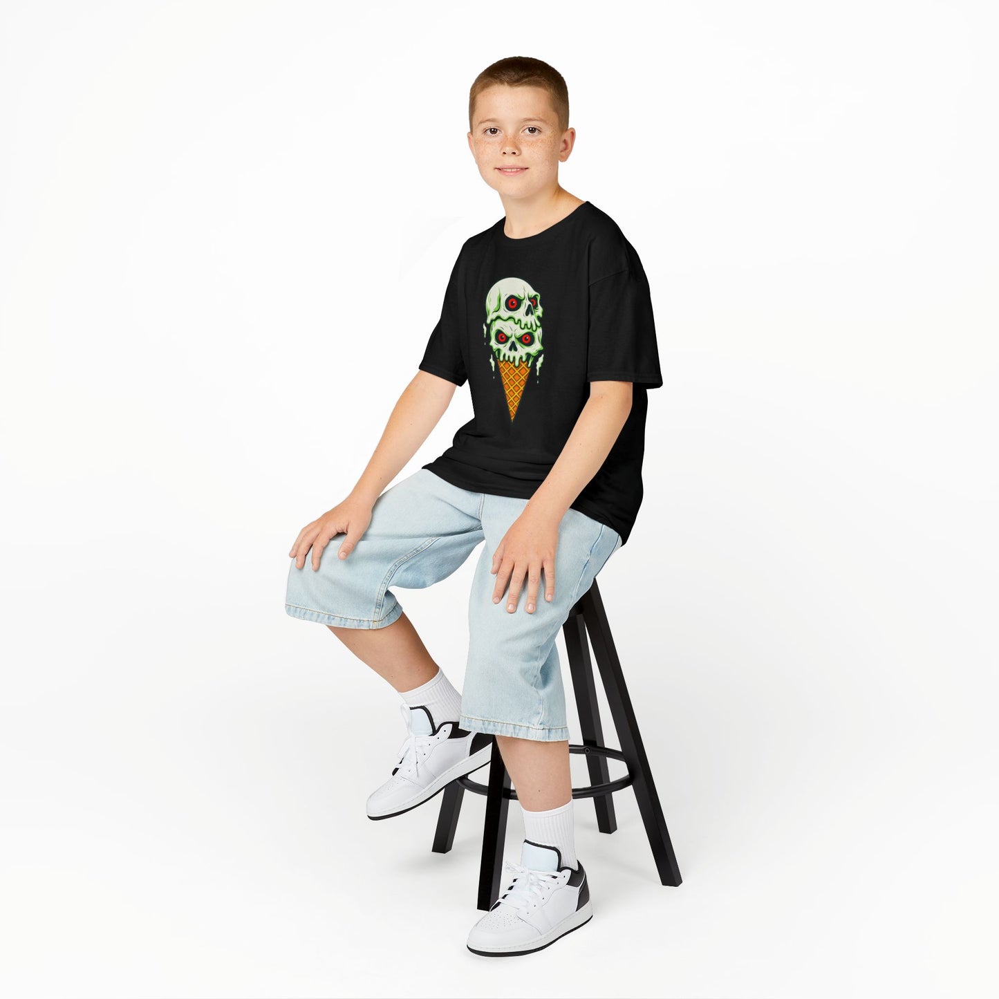 Kids Skull Ice Cream Tee, Cute T-Shirt for Kids, Halloween Apparel, Year-Round Fun, Trendy Summer Wear, Unique Gift Idea